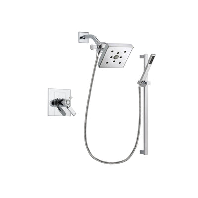 Delta Arzo Chrome Finish Thermostatic Shower Faucet System Package with Square Shower Head and Modern Square Wall Mount Slide Bar with Handheld Shower Spray Includes Rough-in Valve DSP0229V