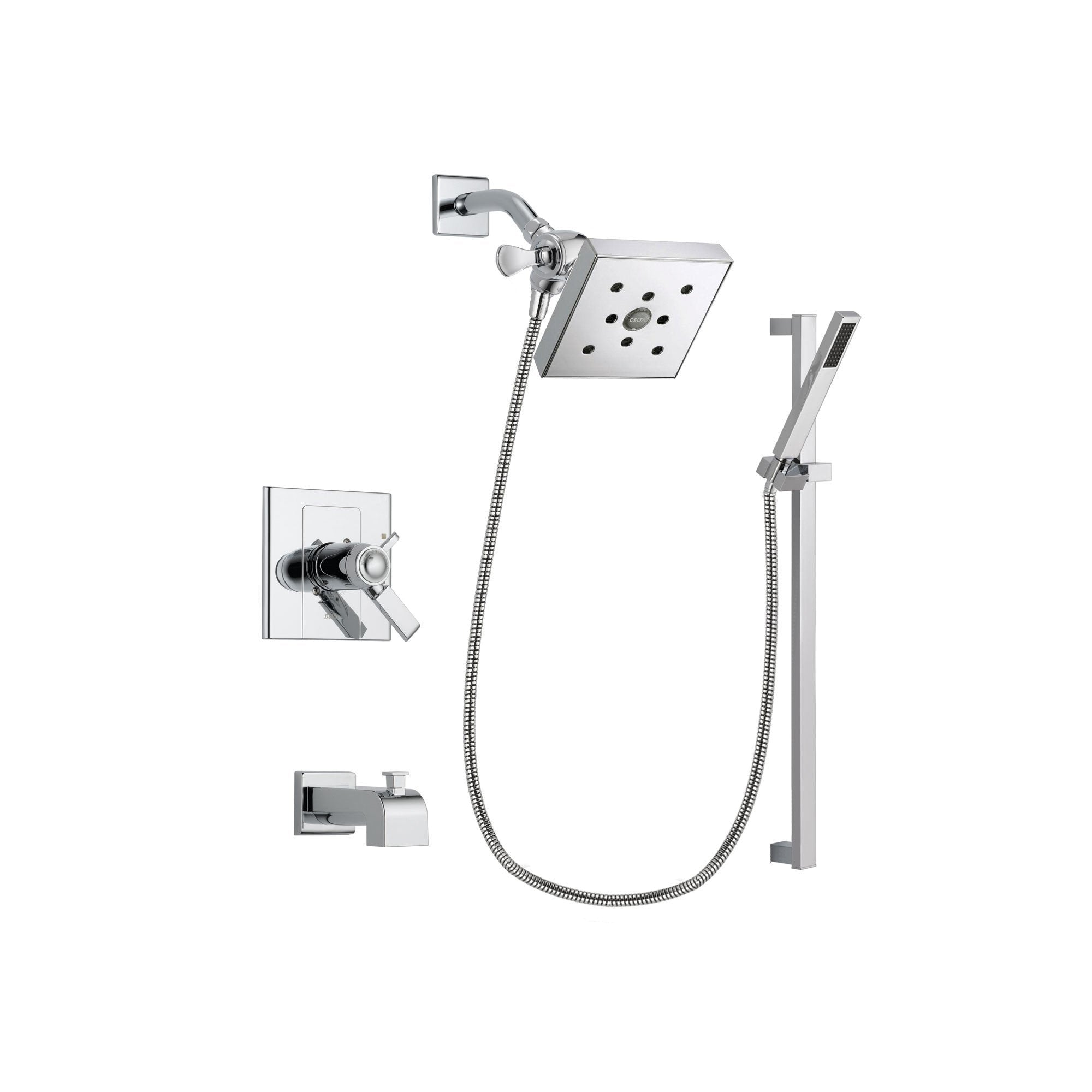 Delta Arzo Chrome Finish Thermostatic Tub and Shower Faucet System Package with Square Shower Head and Modern Square Wall Mount Slide Bar with Handheld Shower Spray Includes Rough-in Valve and Tub Spout DSP0230V