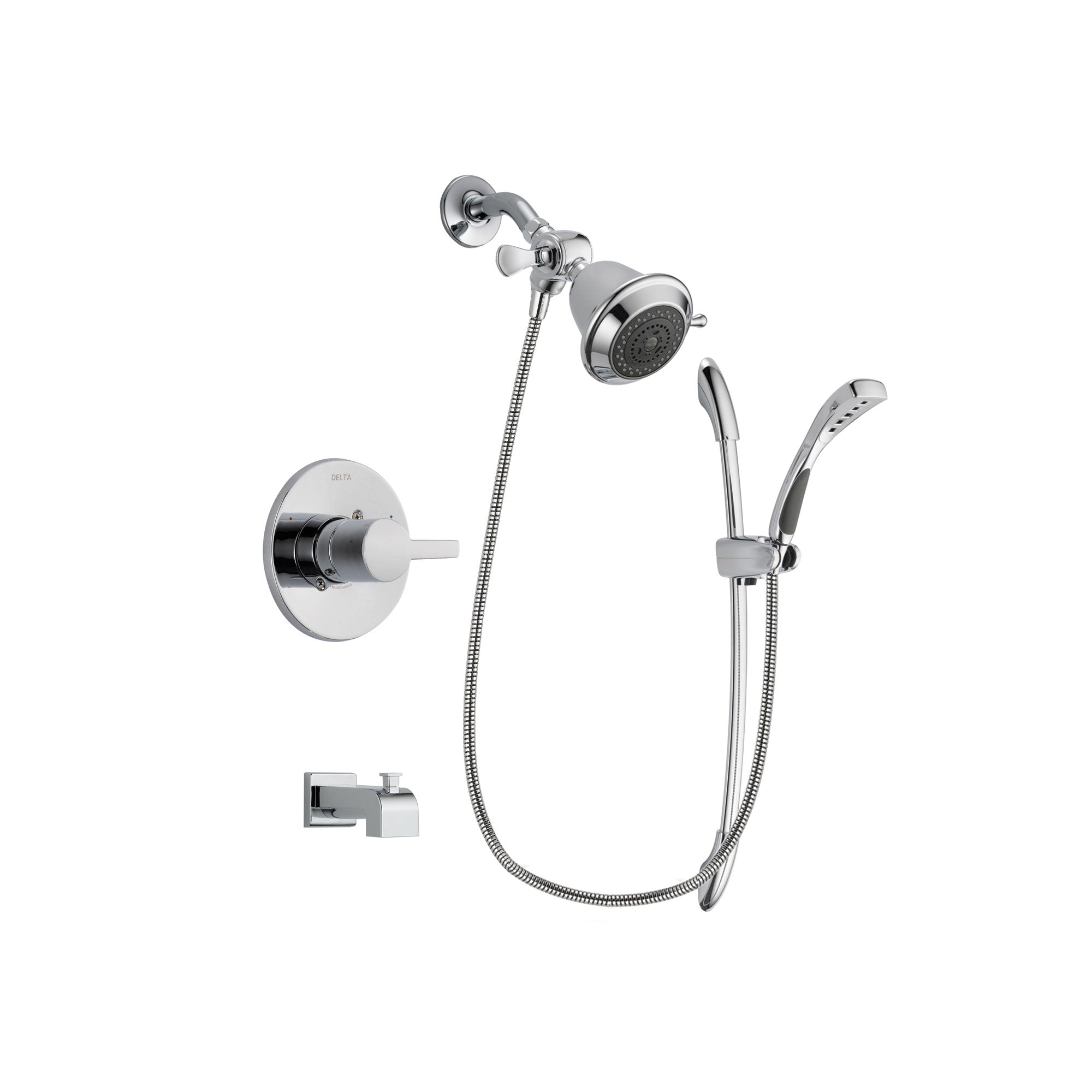 Delta Compel Chrome Finish Tub and Shower Faucet System Package with Shower Head and Handheld Shower with Slide Bar Includes Rough-in Valve and Tub Spout DSP0439V