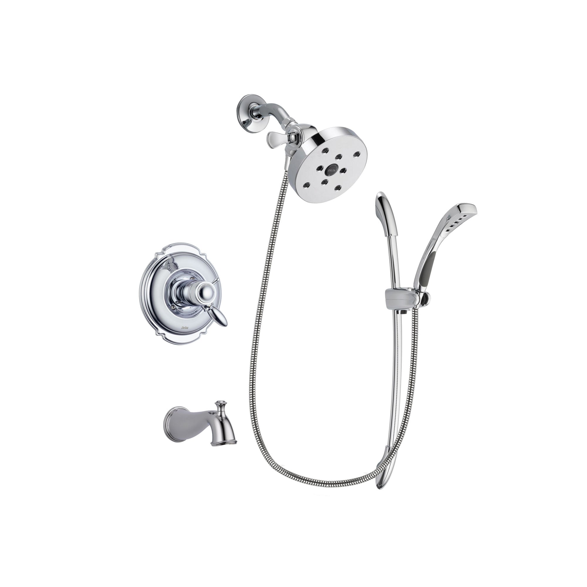 Delta Victorian Chrome Finish Thermostatic Tub and Shower Faucet System Package with 5-1/2 inch Shower Head and Handheld Shower with Slide Bar Includes Rough-in Valve and Tub Spout DSP0529V