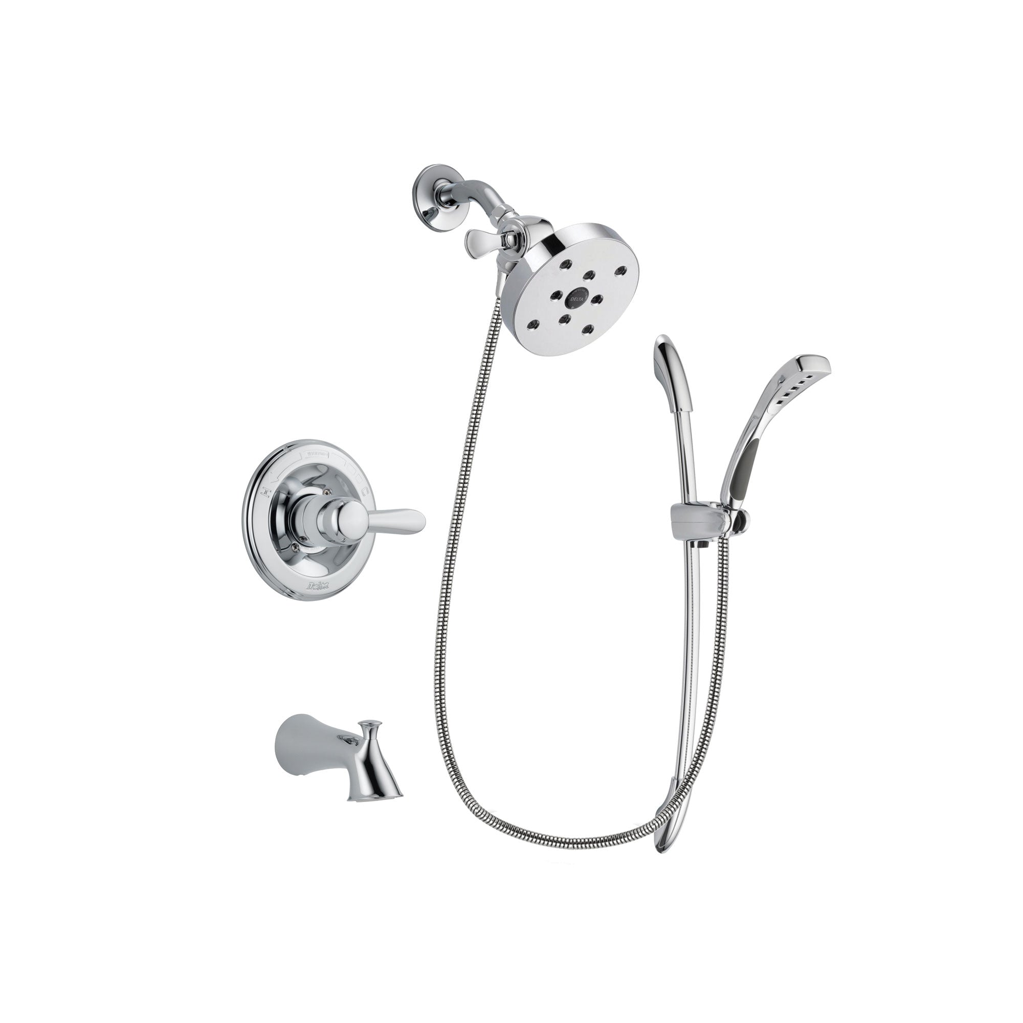 Delta Lahara Chrome Finish Tub and Shower Faucet System Package with 5-1/2 inch Shower Head and Handheld Shower with Slide Bar Includes Rough-in Valve and Tub Spout DSP0537V