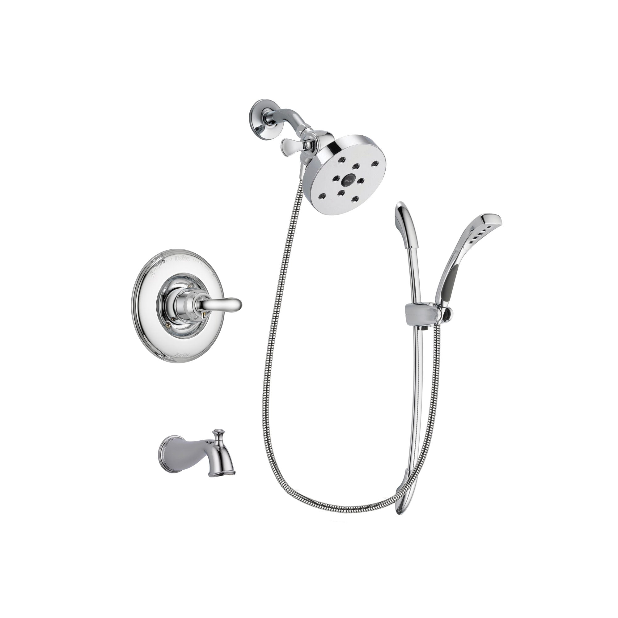 Delta Linden Chrome Finish Tub and Shower Faucet System Package with 5-1/2 inch Shower Head and Handheld Shower with Slide Bar Includes Rough-in Valve and Tub Spout DSP0545V