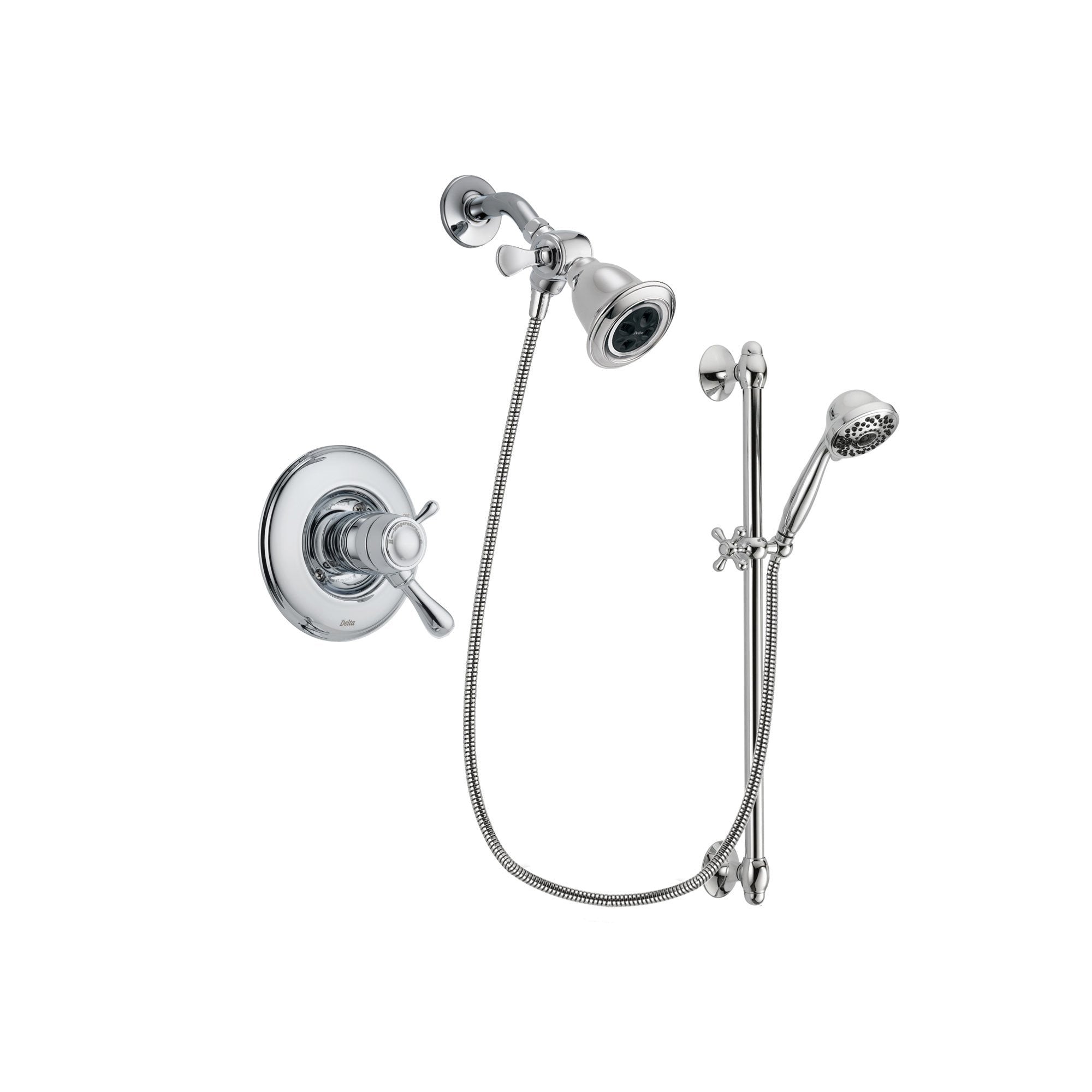 Delta Leland Chrome Finish Thermostatic Shower Faucet System Package with Water Efficient Showerhead and 7-Spray Handheld Shower Sprayer with Slide Bar Includes Rough-in Valve DSP0600V