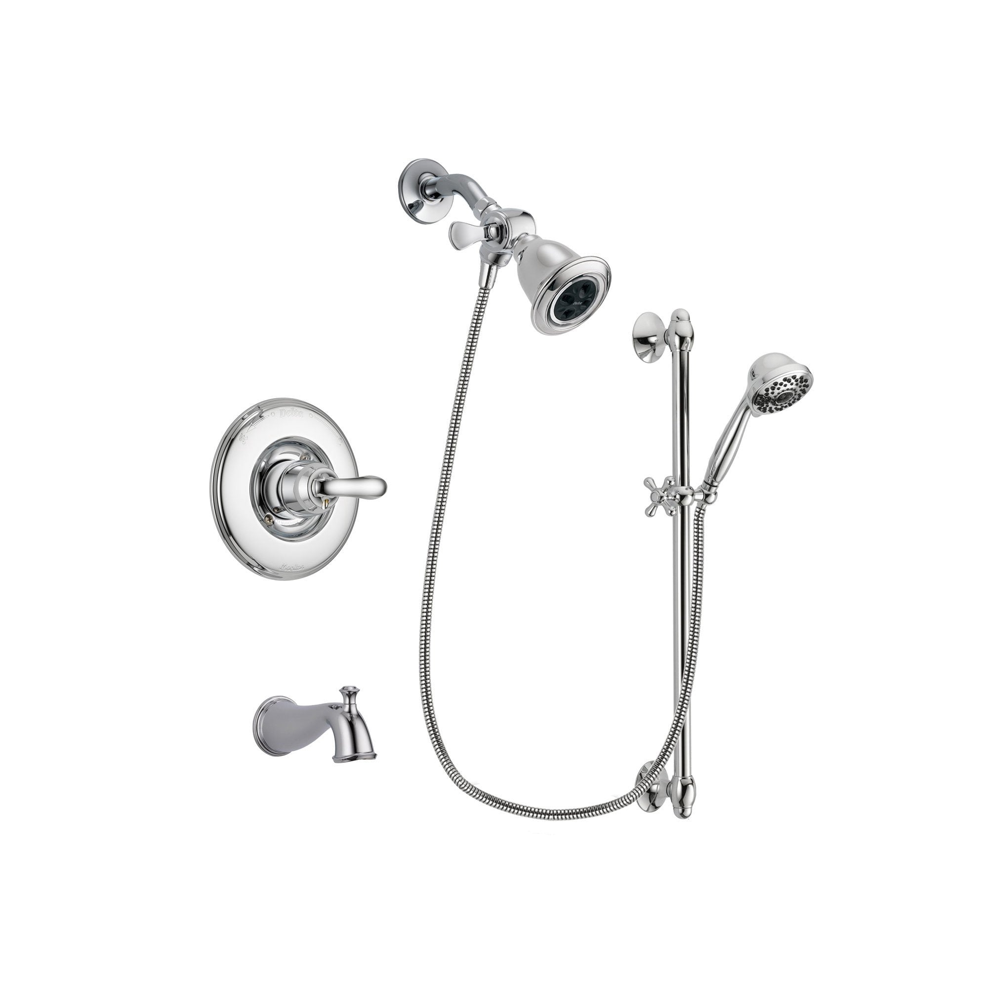 Delta Linden Chrome Finish Tub and Shower Faucet System Package with Water Efficient Showerhead and 7-Spray Handheld Shower Sprayer with Slide Bar Includes Rough-in Valve and Tub Spout DSP0613V