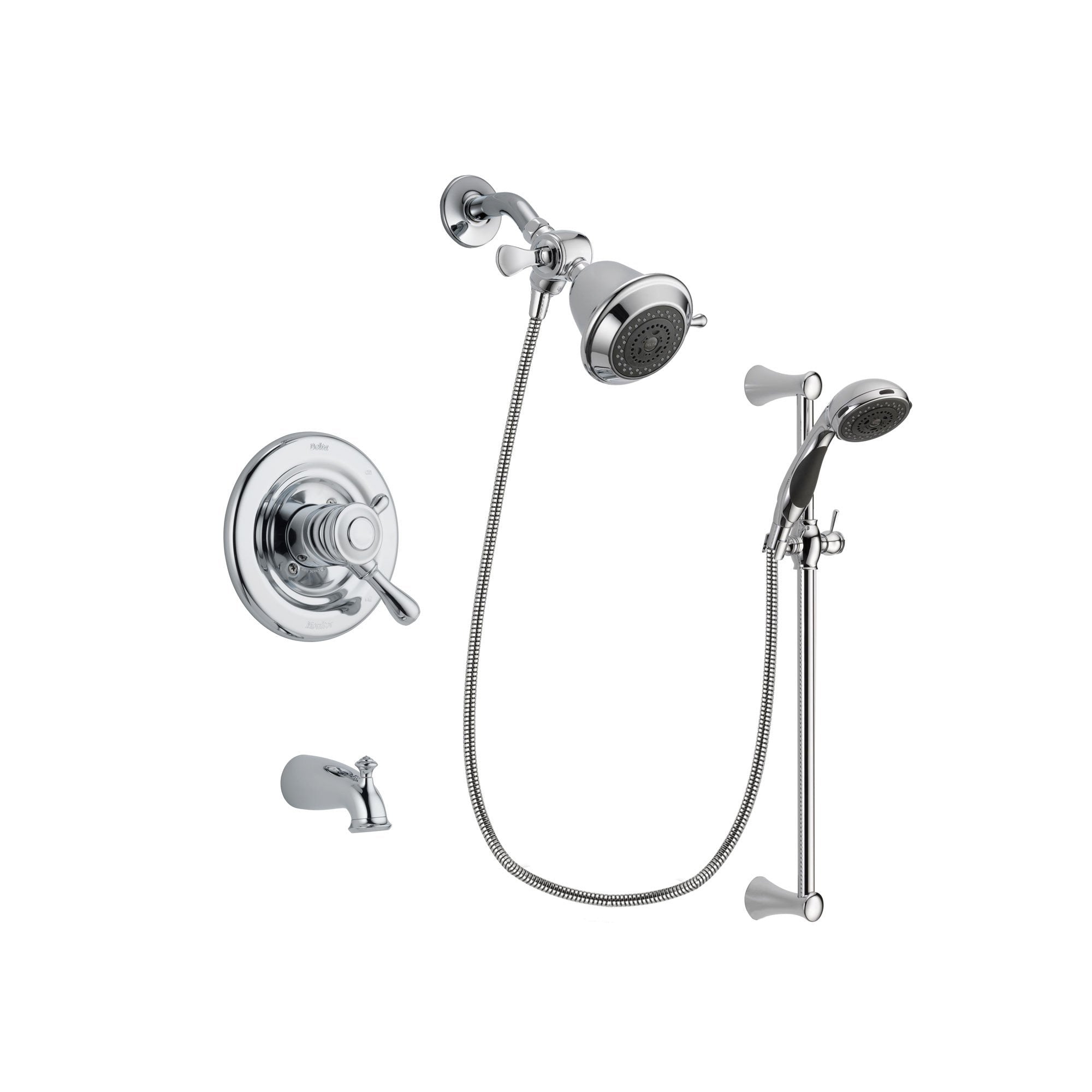 Delta Leland Chrome Finish Dual Control Tub and Shower Faucet System Package with Shower Head and 5-Spray Wall Mount Slide Bar with Personal Handheld Shower Includes Rough-in Valve and Tub Spout DSP0723V