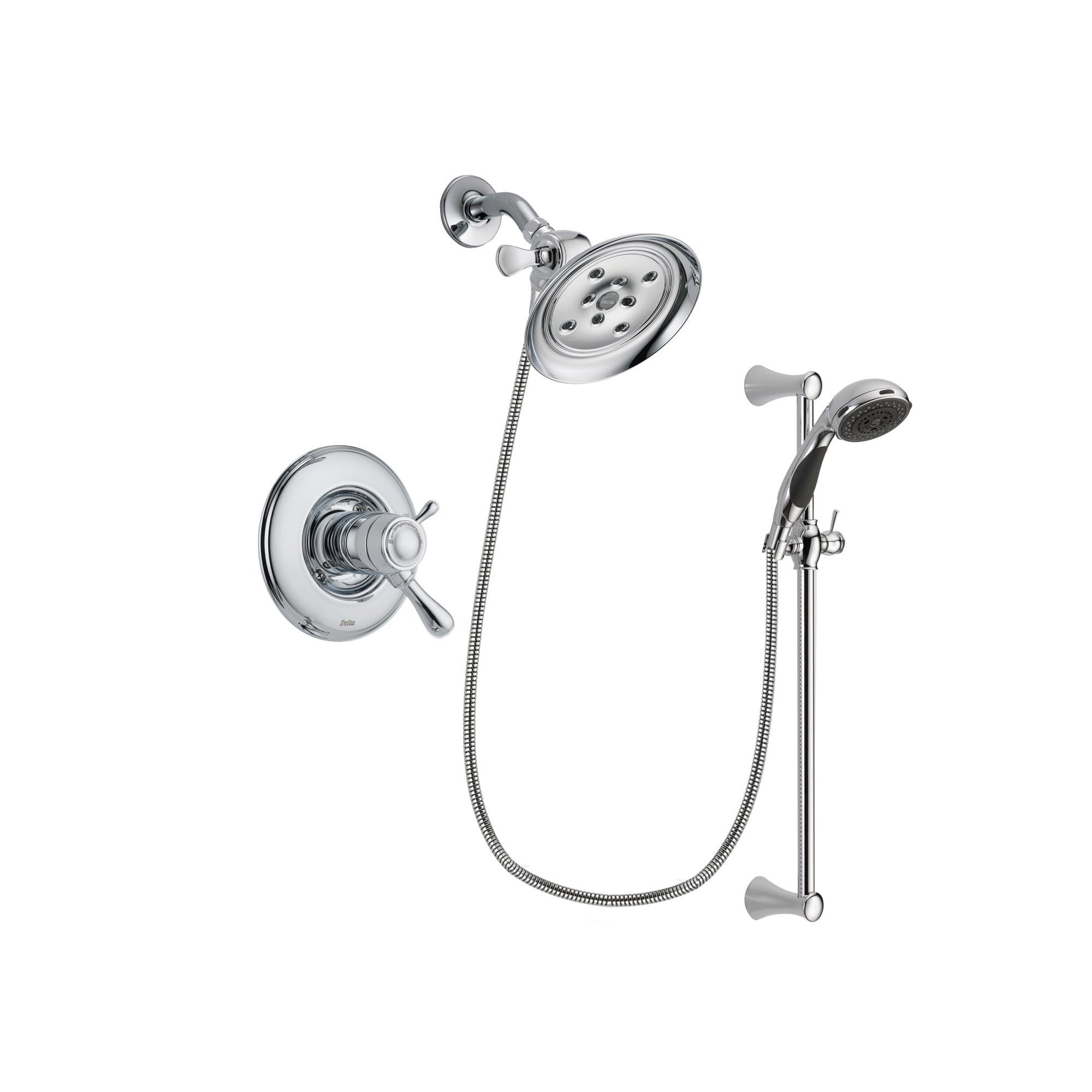 Delta Leland Chrome Finish Thermostatic Shower Faucet System Package with Large Rain Showerhead and 5-Spray Wall Mount Slide Bar with Personal Handheld Shower Includes Rough-in Valve DSP0770V