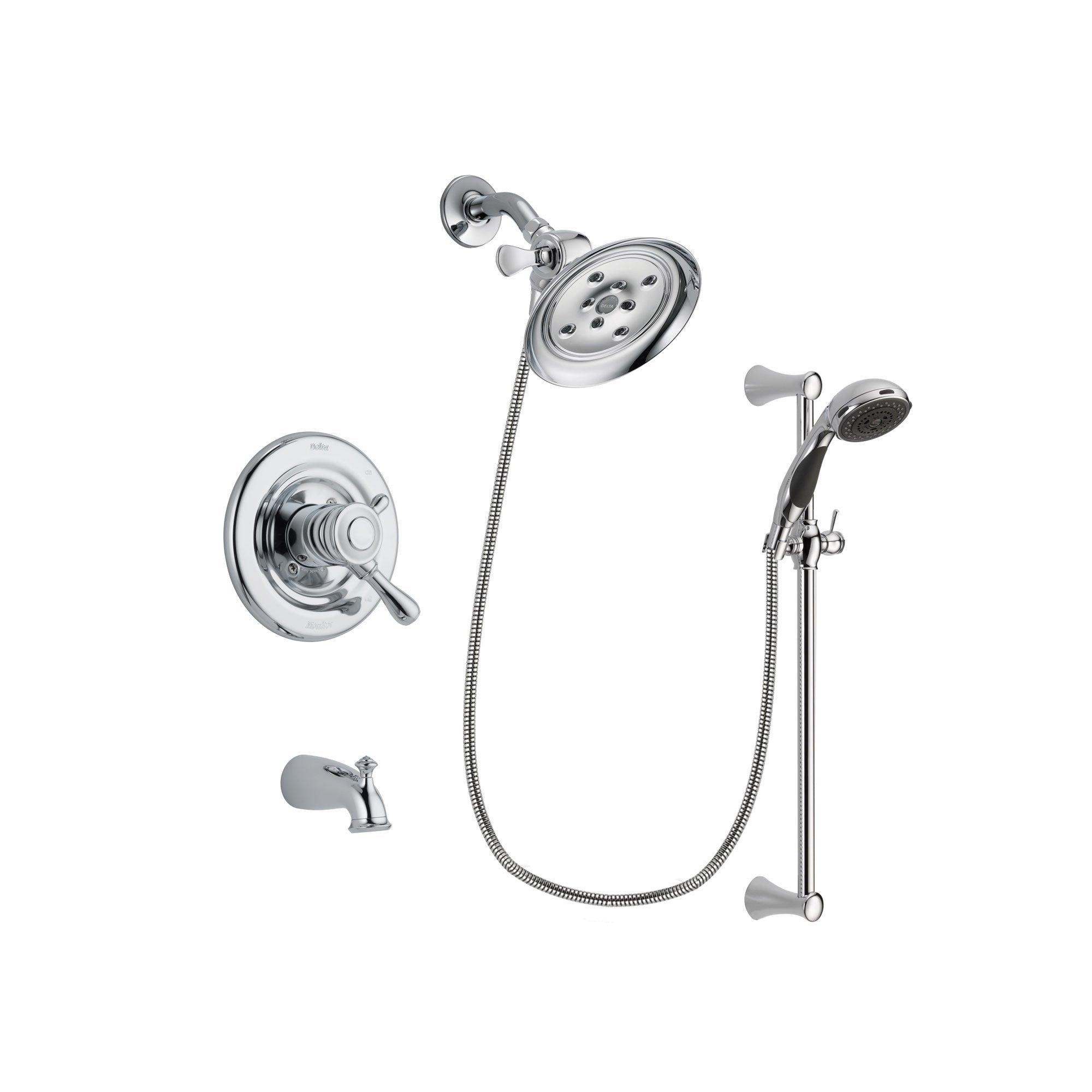 Delta Leland Chrome Finish Dual Control Tub and Shower Faucet System Package with Large Rain Showerhead and 5-Spray Wall Mount Slide Bar with Personal Handheld Shower Includes Rough-in Valve and Tub Spout DSP0791V