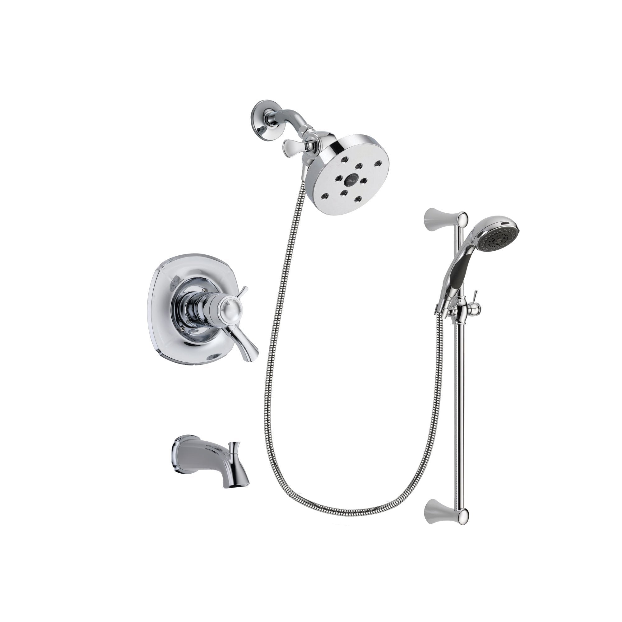 Delta Addison Chrome Finish Thermostatic Tub and Shower Faucet System Package with 5-1/2 inch Shower Head and 5-Spray Wall Mount Slide Bar with Personal Handheld Shower Includes Rough-in Valve and Tub Spout DSP0805V