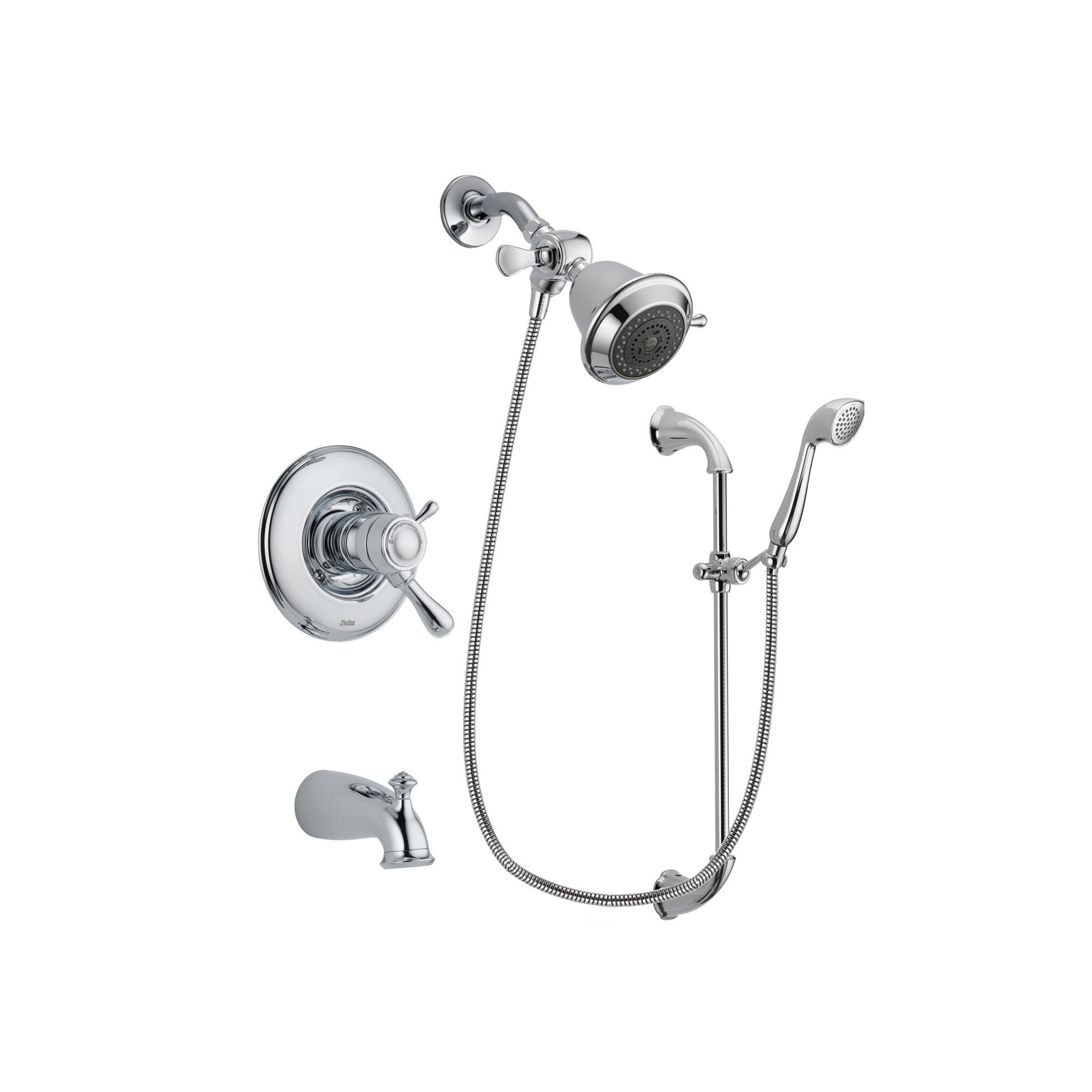 Delta Leland Chrome Finish Thermostatic Tub and Shower Faucet System Package with Shower Head and Handheld Shower with Slide Bar Includes Rough-in Valve and Tub Spout DSP0837V