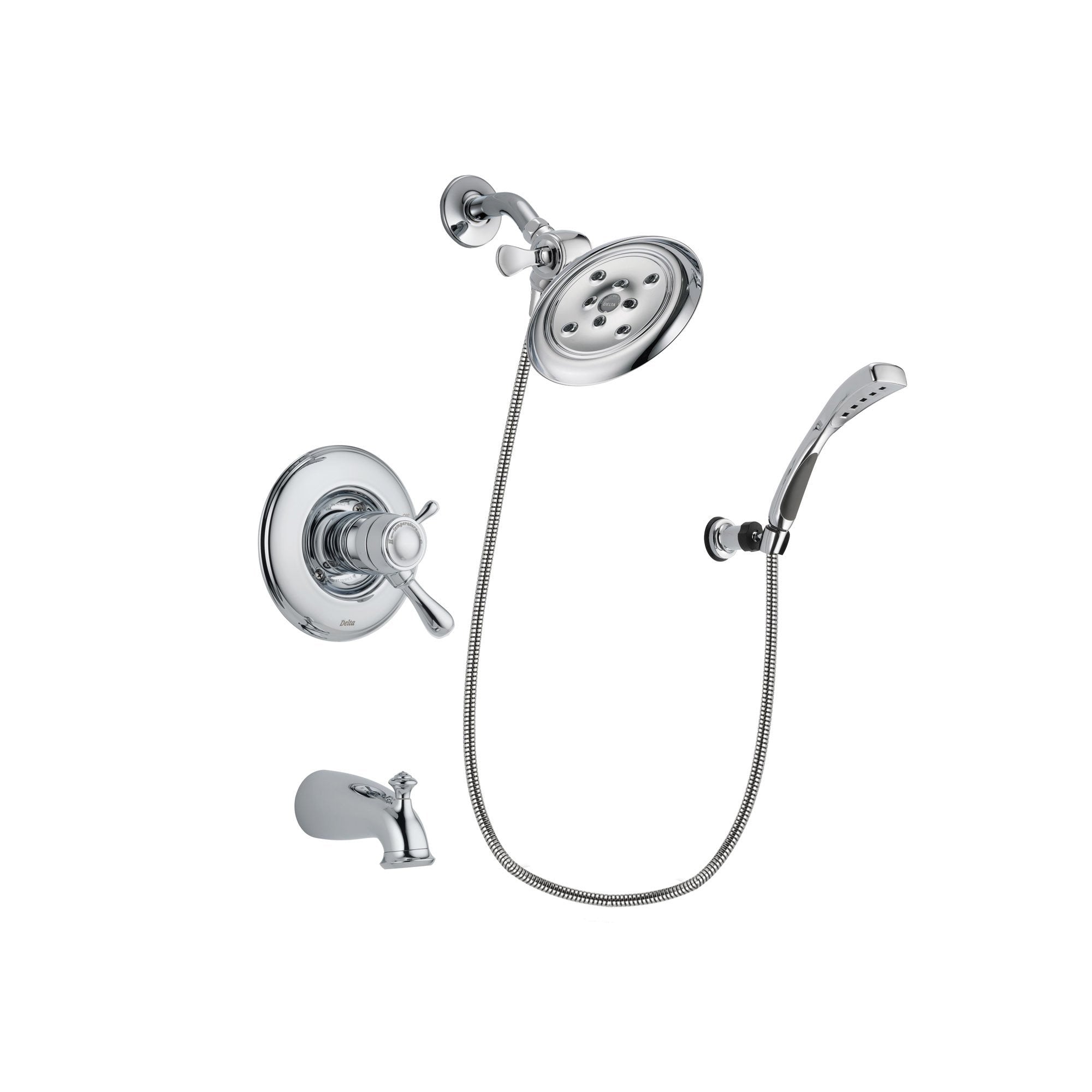 Delta Leland Chrome Finish Thermostatic Tub and Shower Faucet System Package with Large Rain Showerhead and Wall-Mount Bracket with Handheld Shower Spray Includes Rough-in Valve and Tub Spout DSP1041V