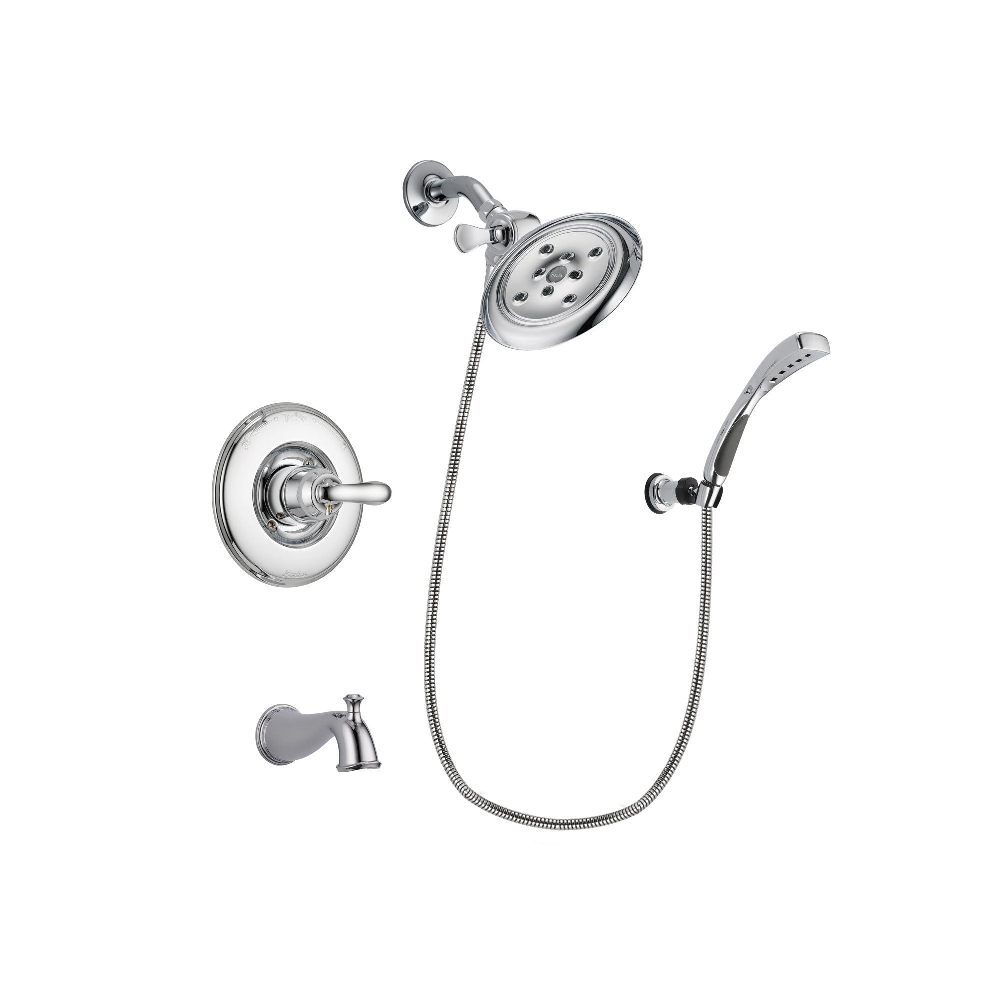 Delta Linden Chrome Finish Tub and Shower Faucet System Package with Large Rain Showerhead and Wall-Mount Bracket with Handheld Shower Spray Includes Rough-in Valve and Tub Spout DSP1055V