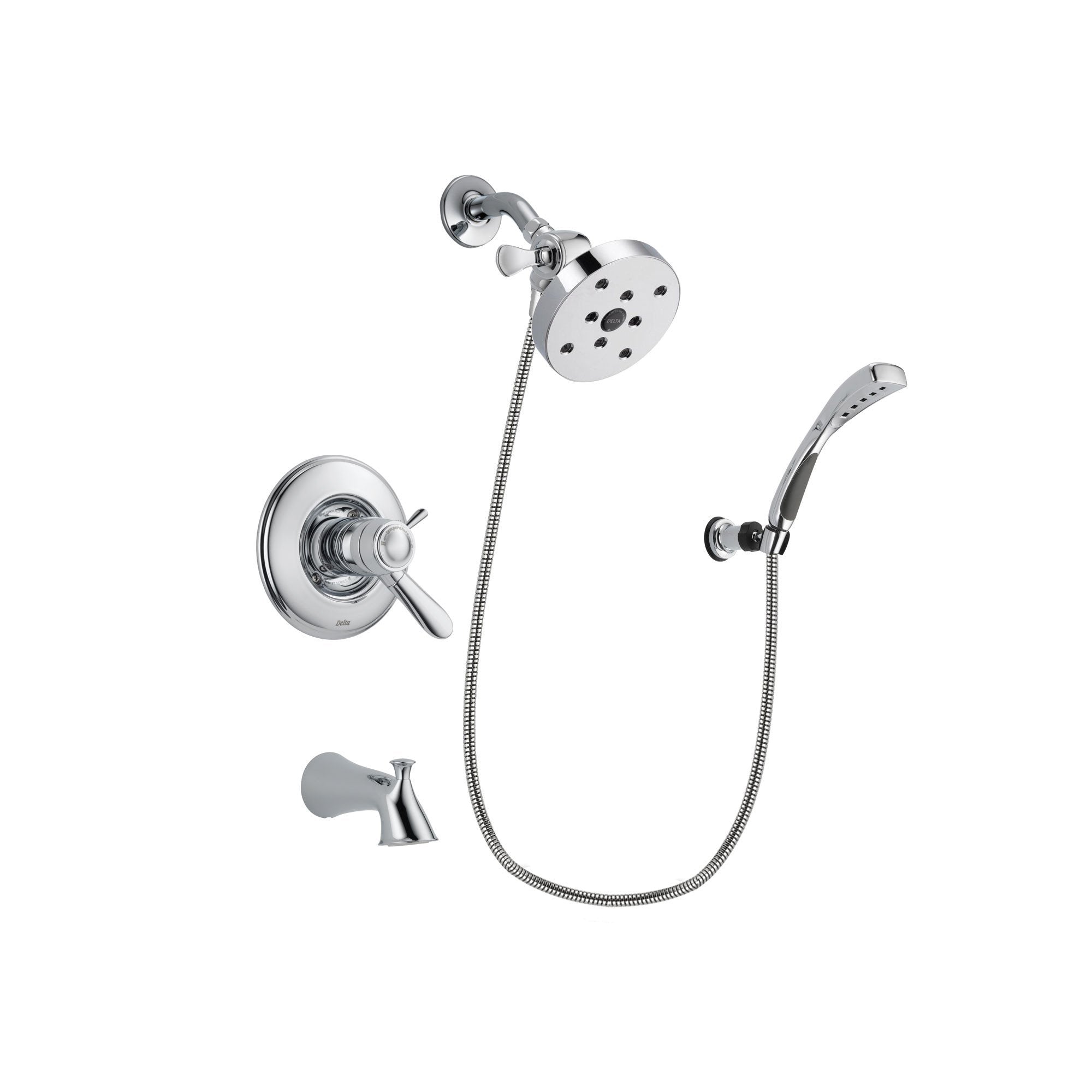 Delta Lahara Chrome Finish Thermostatic Tub and Shower Faucet System Package with 5-1/2 inch Shower Head and Wall-Mount Bracket with Handheld Shower Spray Includes Rough-in Valve and Tub Spout DSP1071V