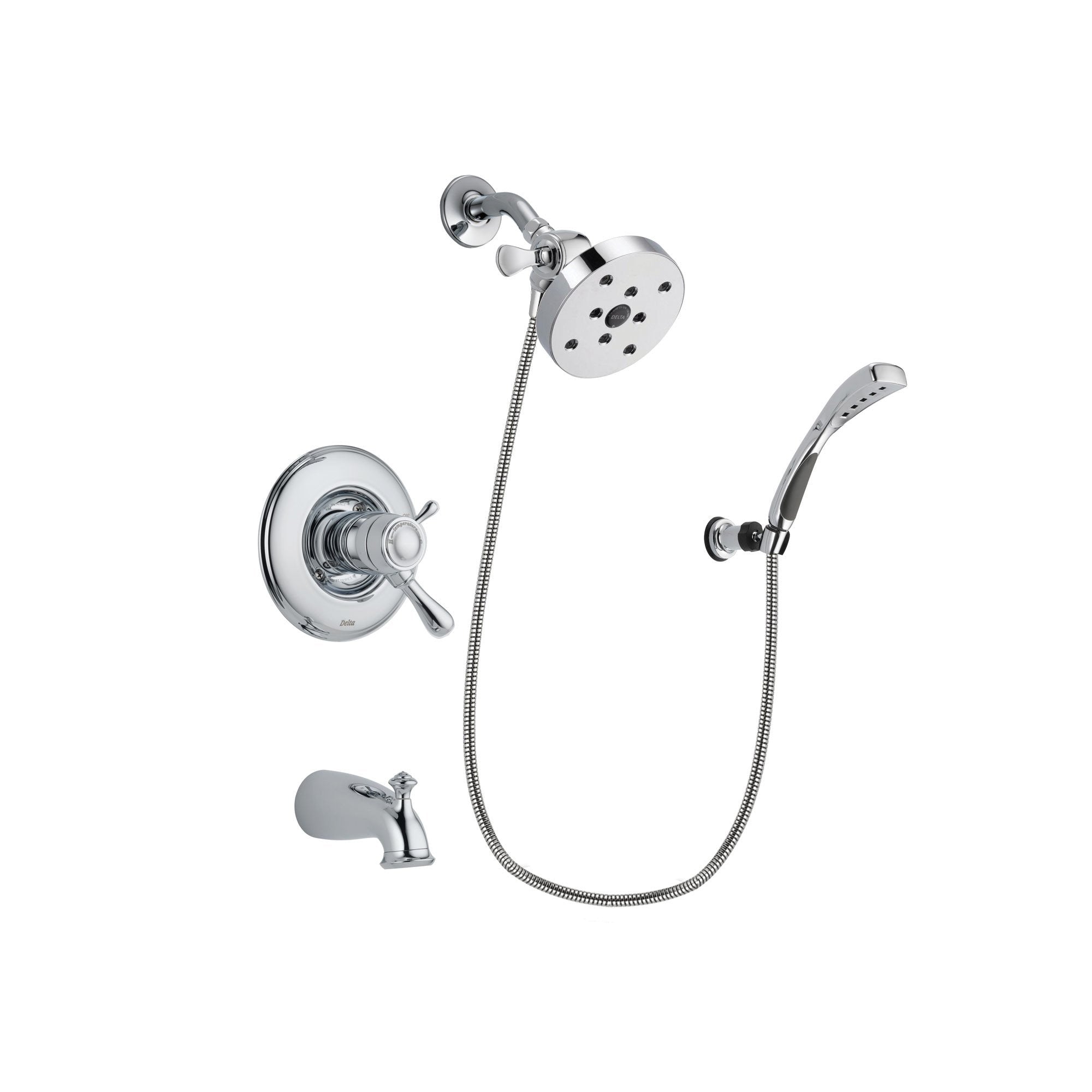 Delta Leland Chrome Finish Thermostatic Tub and Shower Faucet System Package with 5-1/2 inch Shower Head and Wall-Mount Bracket with Handheld Shower Spray Includes Rough-in Valve and Tub Spout DSP1075V