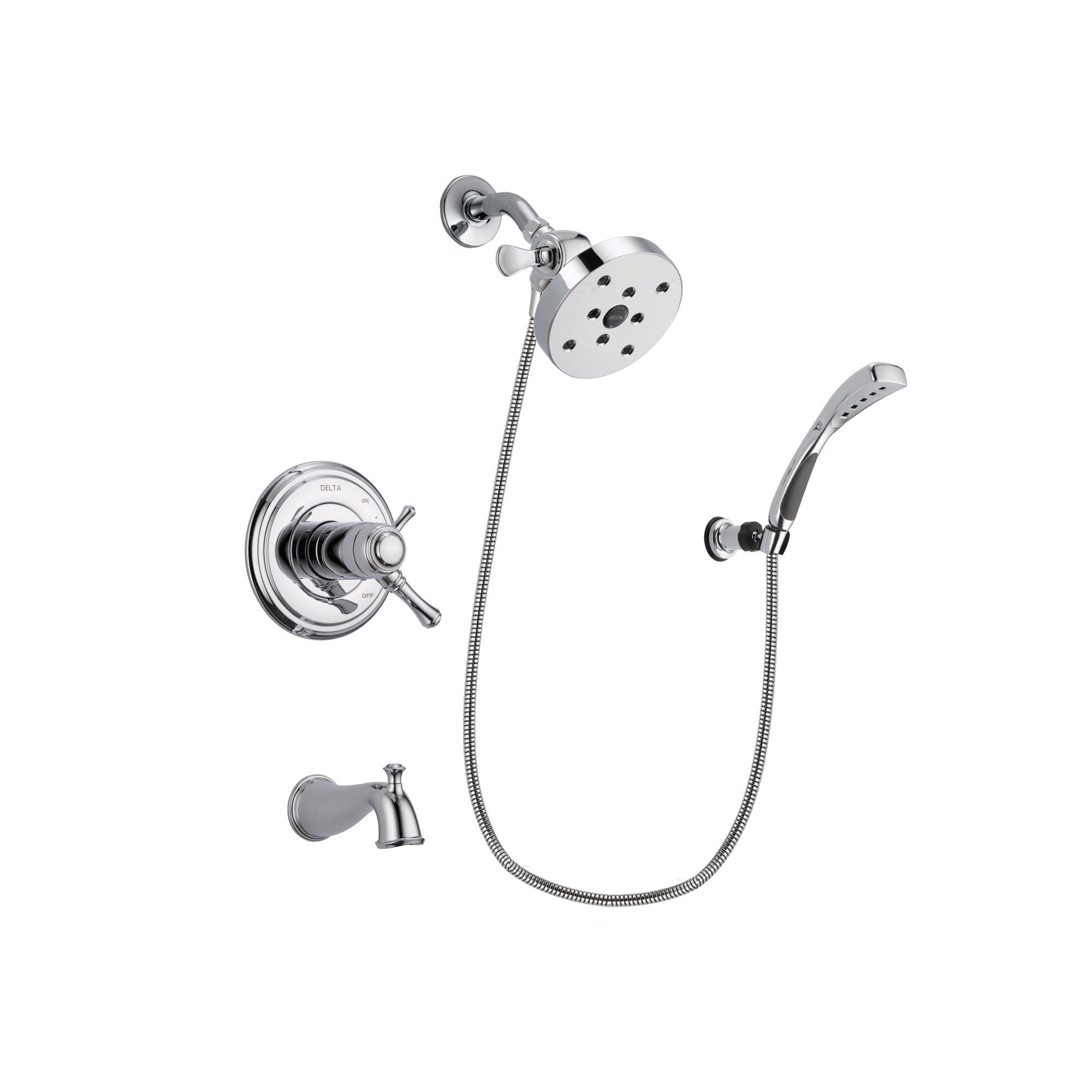 Delta Cassidy Chrome Finish Thermostatic Tub and Shower Faucet System Package with 5-1/2 inch Shower Head and Wall-Mount Bracket with Handheld Shower Spray Includes Rough-in Valve and Tub Spout DSP1079V