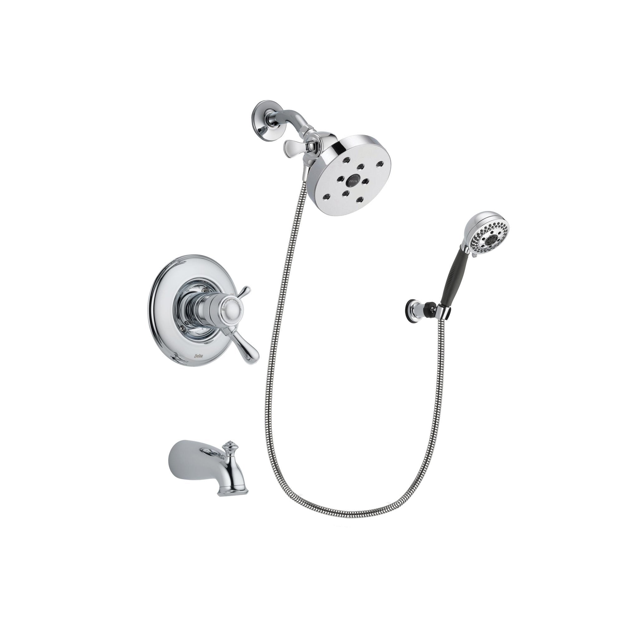 Delta Leland Chrome Finish Thermostatic Tub and Shower Faucet System Package with 5-1/2 inch Shower Head and 5-Spray Modern Handheld Shower with Wall Bracket and Hose Includes Rough-in Valve and Tub Spout DSP1211V