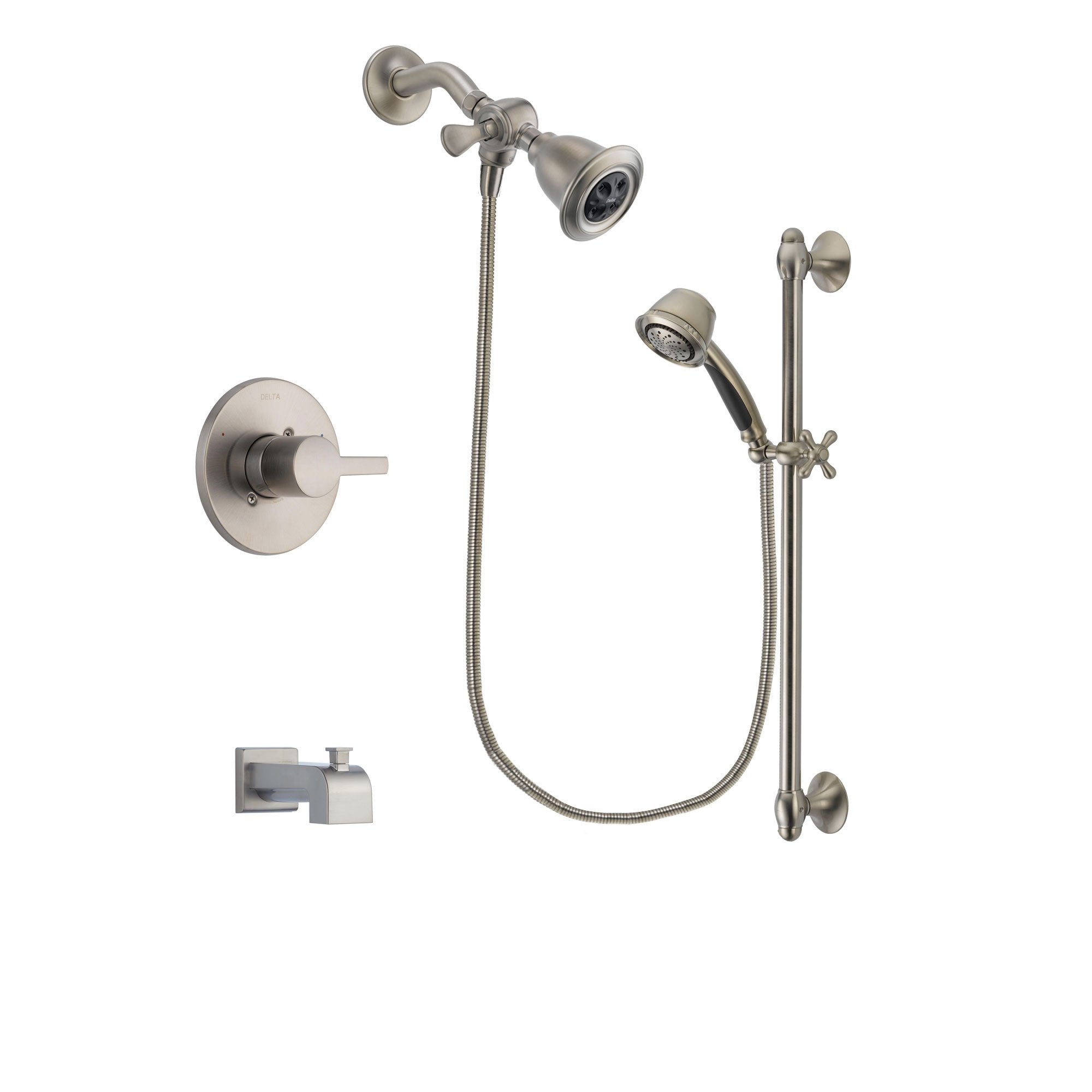 Delta Compel Stainless Steel Finish Tub and Shower Faucet System Package with Water Efficient Showerhead and 5-Spray Personal Handshower with Slide Bar Includes Rough-in Valve and Tub Spout DSP1289V