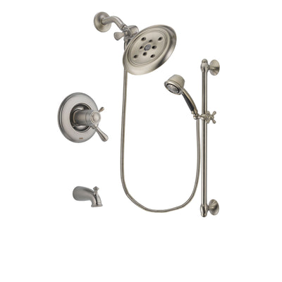 Delta Leland Stainless Steel Finish Thermostatic Tub and Shower Faucet System Package with Large Rain Showerhead and 5-Spray Personal Handshower with Slide Bar Includes Rough-in Valve and Tub Spout DSP1313V