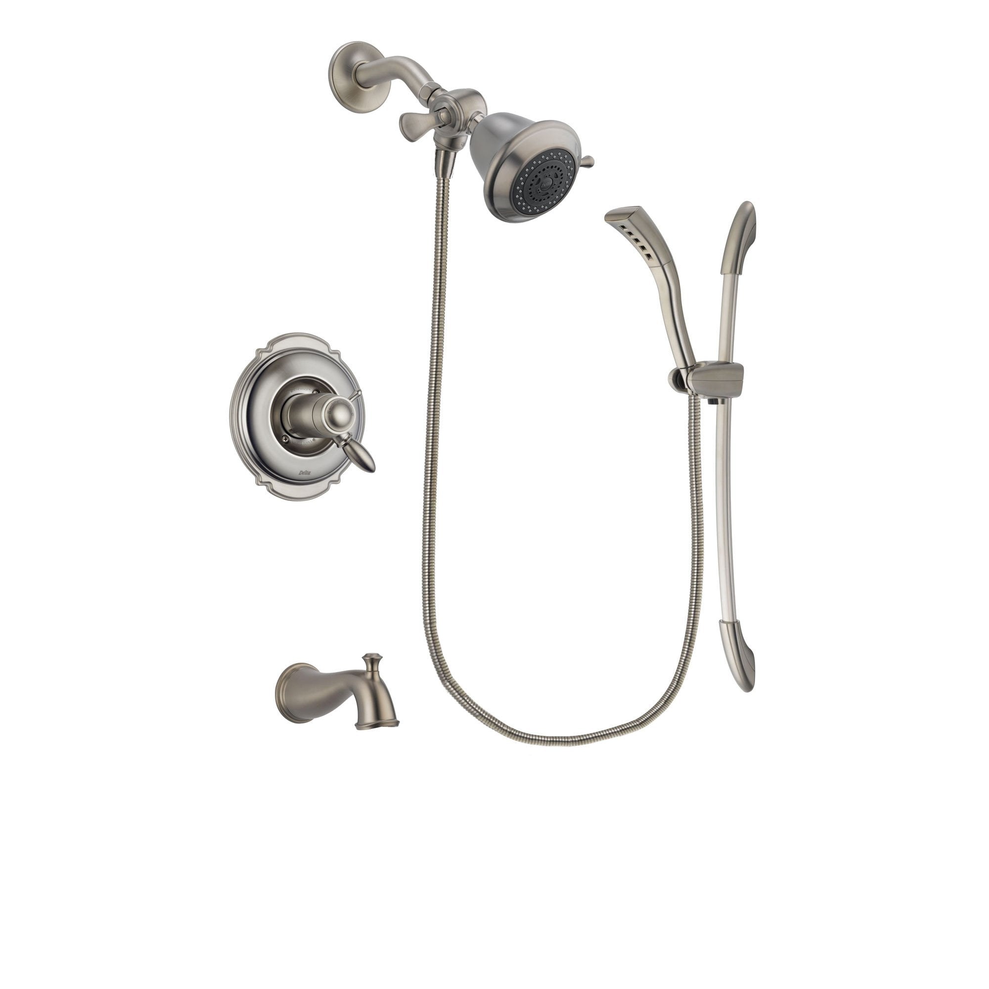 Delta Victorian Stainless Steel Finish Thermostatic Tub and Shower Faucet System Package with Shower Head and Handshower with Slide Bar Includes Rough-in Valve and Tub Spout DSP1379V