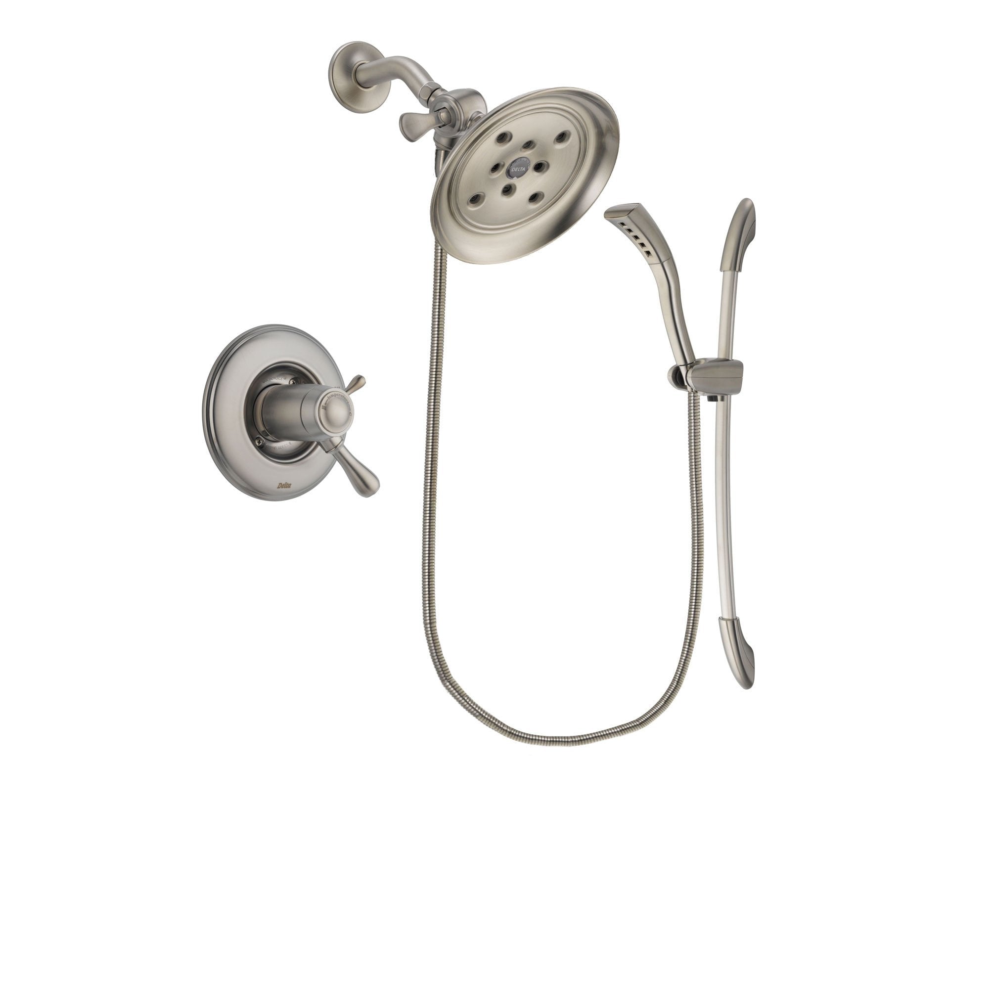 Delta Leland Stainless Steel Finish Thermostatic Shower Faucet System Package with Large Rain Showerhead and Handshower with Slide Bar Includes Rough-in Valve DSP1450V