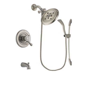 Delta Leland Stainless Steel Finish Dual Control Tub and Shower Faucet System Package with Large Rain Showerhead and Handshower with Slide Bar Includes Rough-in Valve and Tub Spout DSP1471V