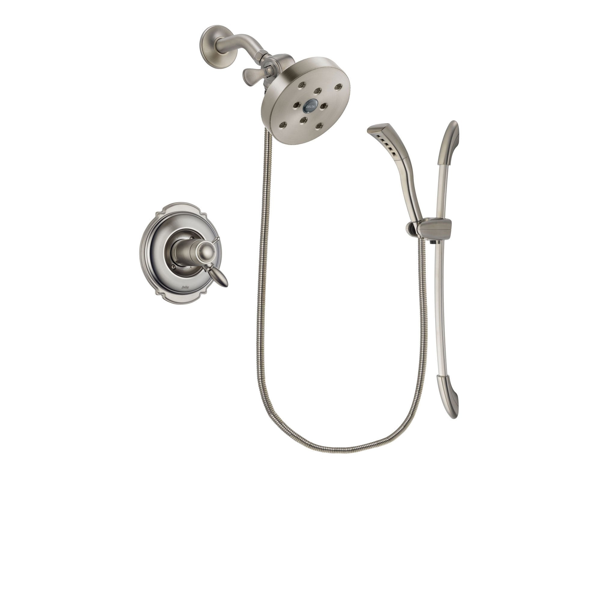 Delta Victorian Stainless Steel Finish Thermostatic Shower Faucet System Package with 5-1/2 inch Shower Head and Handshower with Slide Bar Includes Rough-in Valve DSP1482V