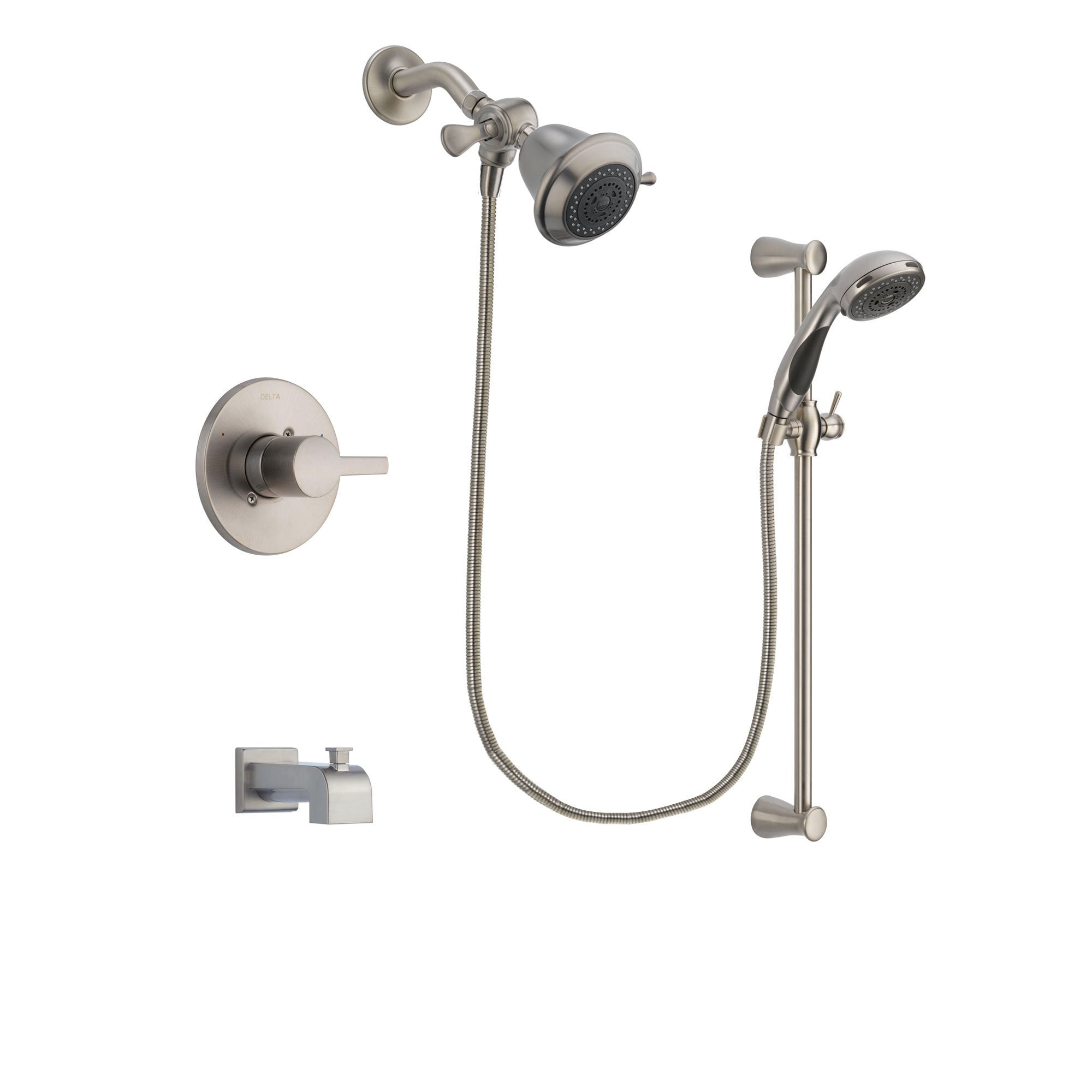 Delta Compel Stainless Steel Finish Tub and Shower Faucet System Package with Shower Head and Handheld Shower Spray with Slide Bar Includes Rough-in Valve and Tub Spout DSP1527V