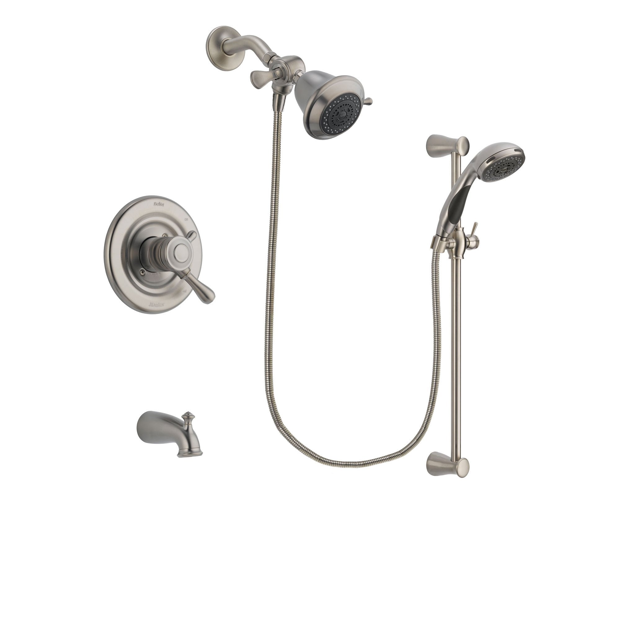 Delta Leland Stainless Steel Finish Dual Control Tub and Shower Faucet System Package with Shower Head and Handheld Shower Spray with Slide Bar Includes Rough-in Valve and Tub Spout DSP1539V