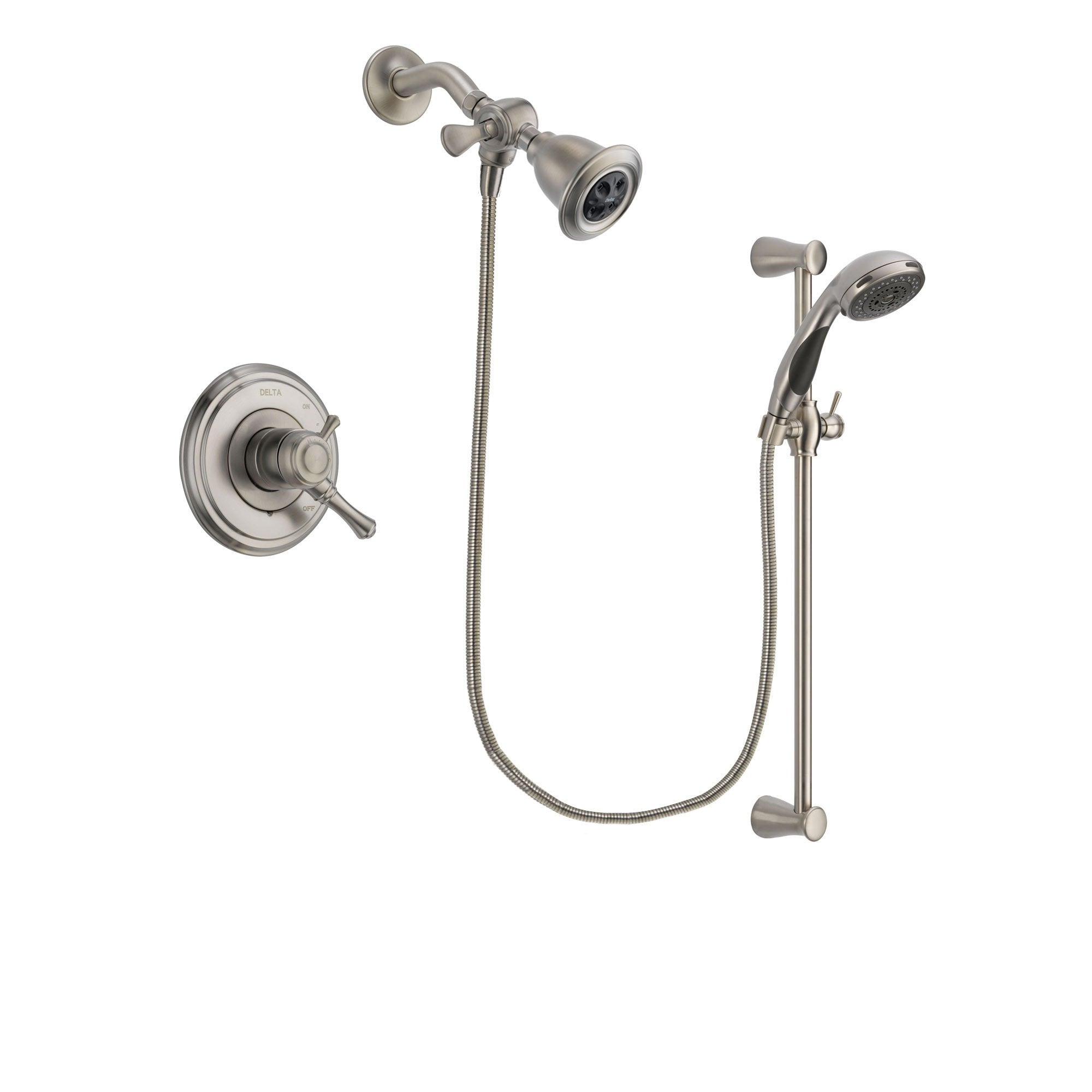 Delta Cassidy Stainless Steel Finish Dual Control Shower Faucet System Package with Water Efficient Showerhead and Handheld Shower Spray with Slide Bar Includes Rough-in Valve DSP1580V