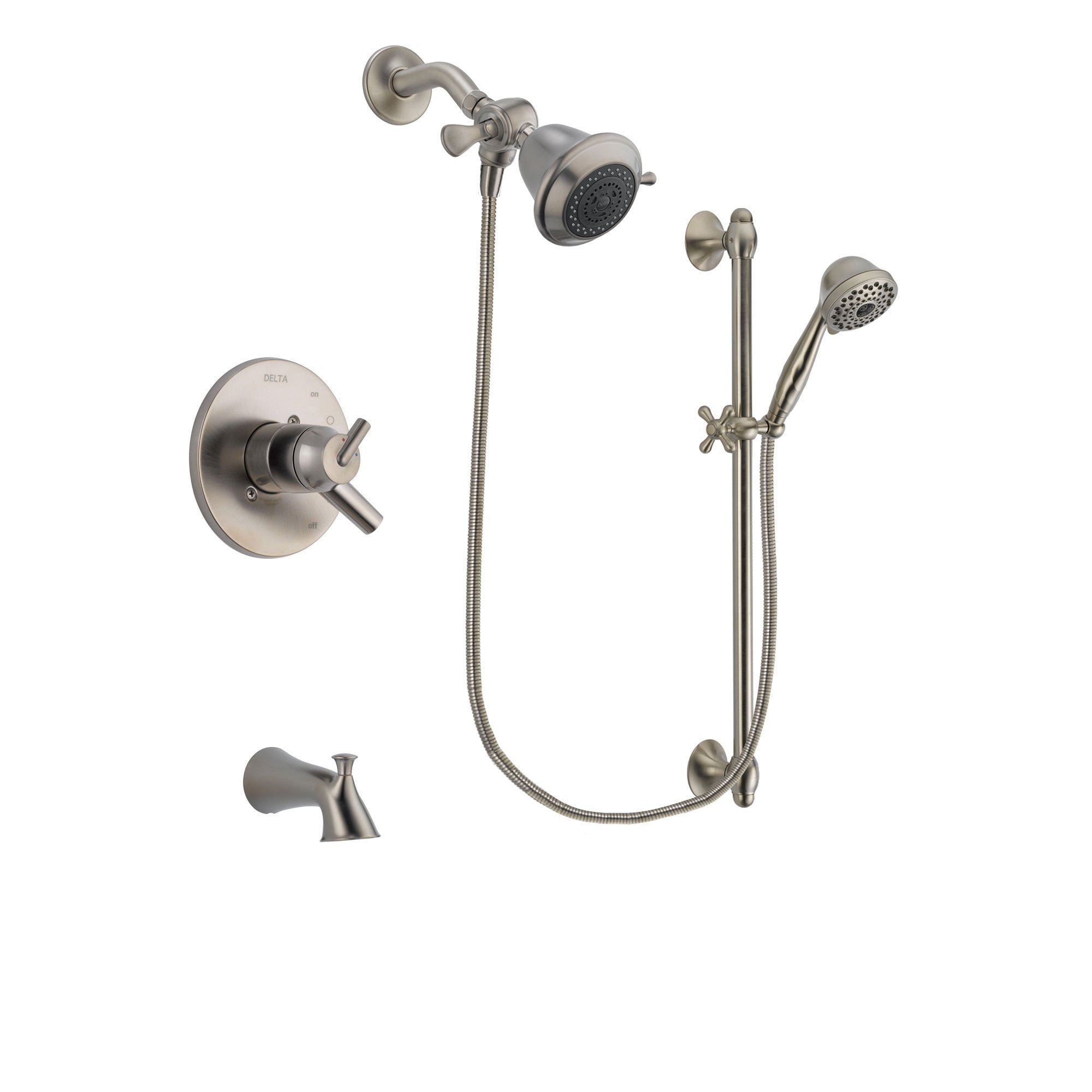 Delta Trinsic Stainless Steel Finish Dual Control Tub and Shower Faucet System Package with Shower Head and 7-Spray Handheld Shower with Slide Bar Includes Rough-in Valve and Tub Spout DSP1671V