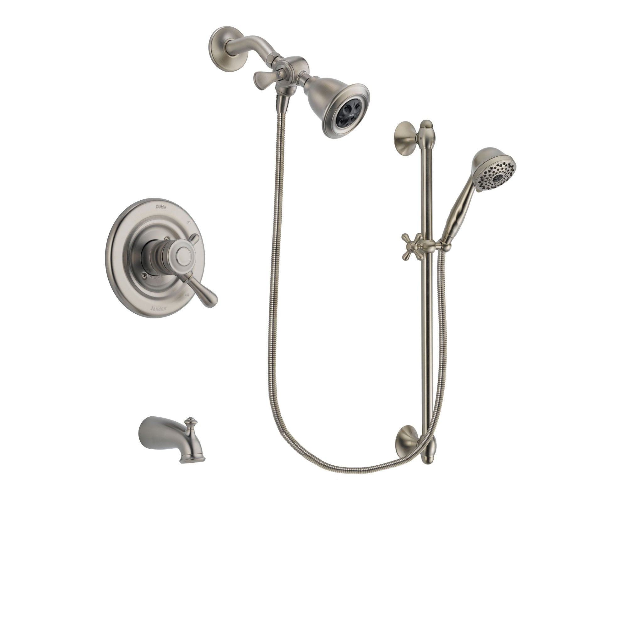 Delta Leland Stainless Steel Finish Dual Control Tub and Shower Faucet System Package with Water Efficient Showerhead and 7-Spray Handheld Shower with Slide Bar Includes Rough-in Valve and Tub Spout DSP1709V