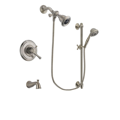 Delta Cassidy Stainless Steel Finish Dual Control Tub and Shower Faucet System Package with Water Efficient Showerhead and 7-Spray Handheld Shower with Slide Bar Includes Rough-in Valve and Tub Spout DSP1715V