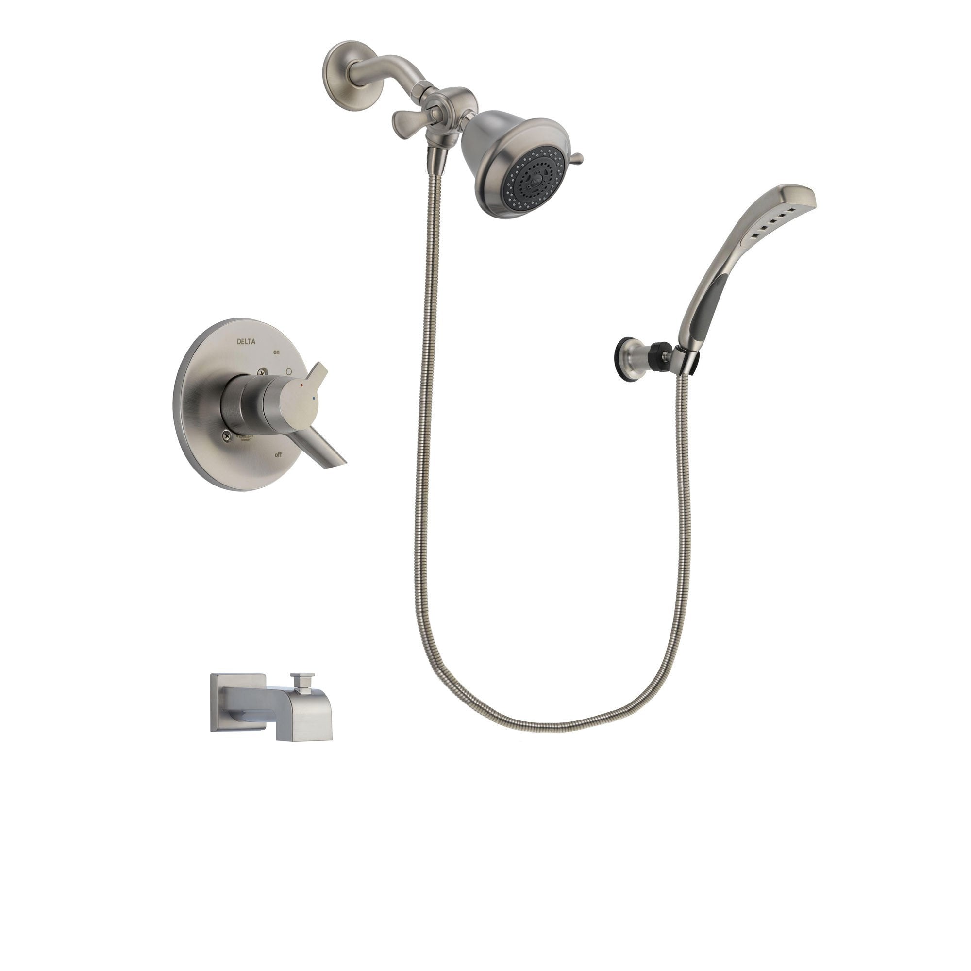 Delta Compel Stainless Steel Finish Dual Control Tub and Shower Faucet System Package with Shower Head and Wall Mounted Handshower Includes Rough-in Valve and Tub Spout DSP1809V