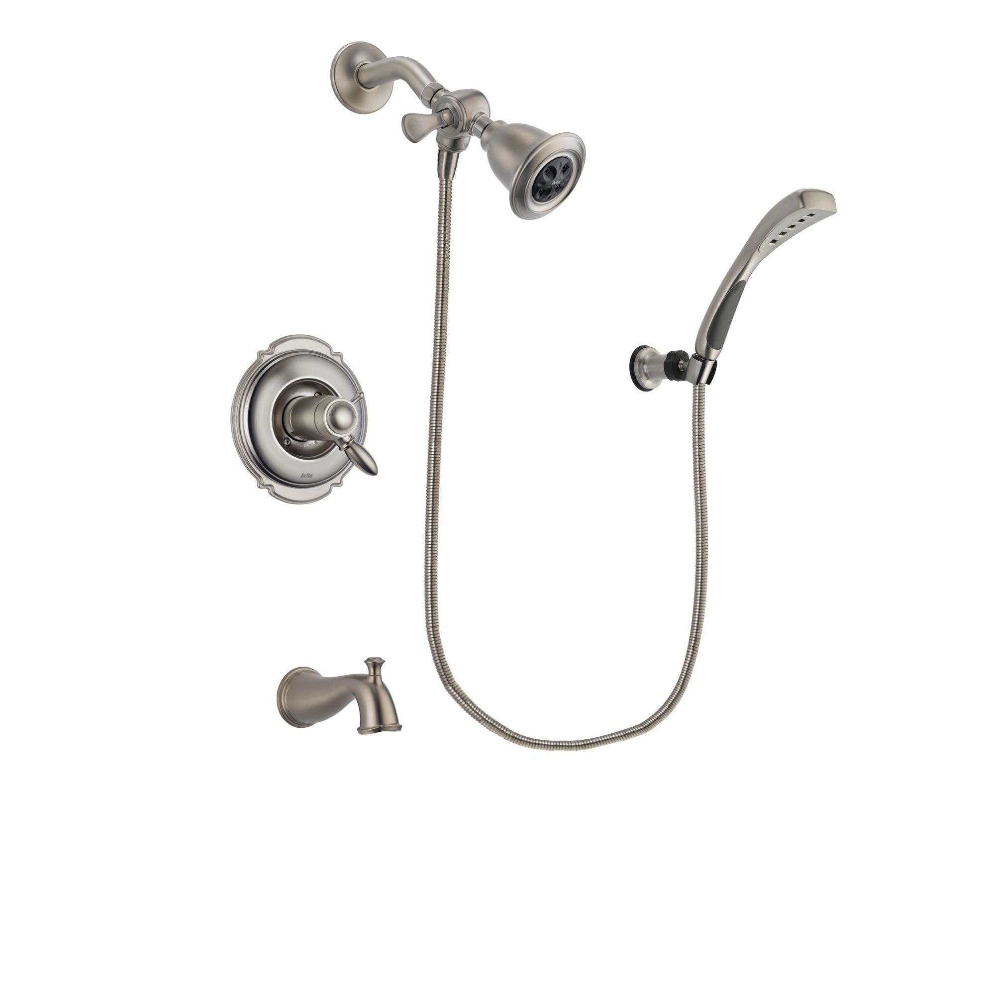 Delta Victorian Stainless Steel Finish Thermostatic Tub and Shower Faucet System Package with Water Efficient Showerhead and Wall Mounted Handshower Includes Rough-in Valve and Tub Spout DSP1821V