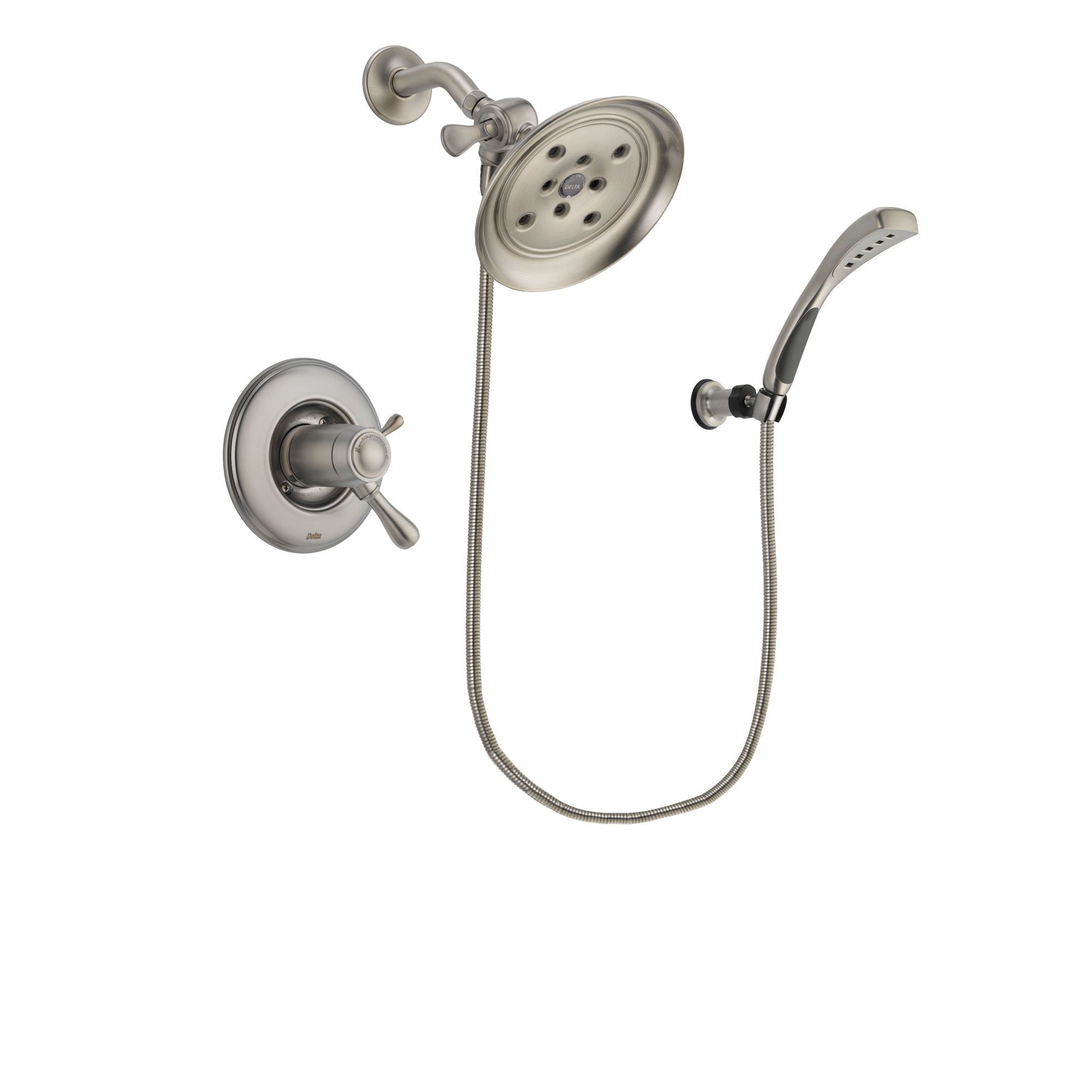 Delta Leland Stainless Steel Finish Thermostatic Shower Faucet System Package with Large Rain Showerhead and Wall Mounted Handshower Includes Rough-in Valve DSP1858V