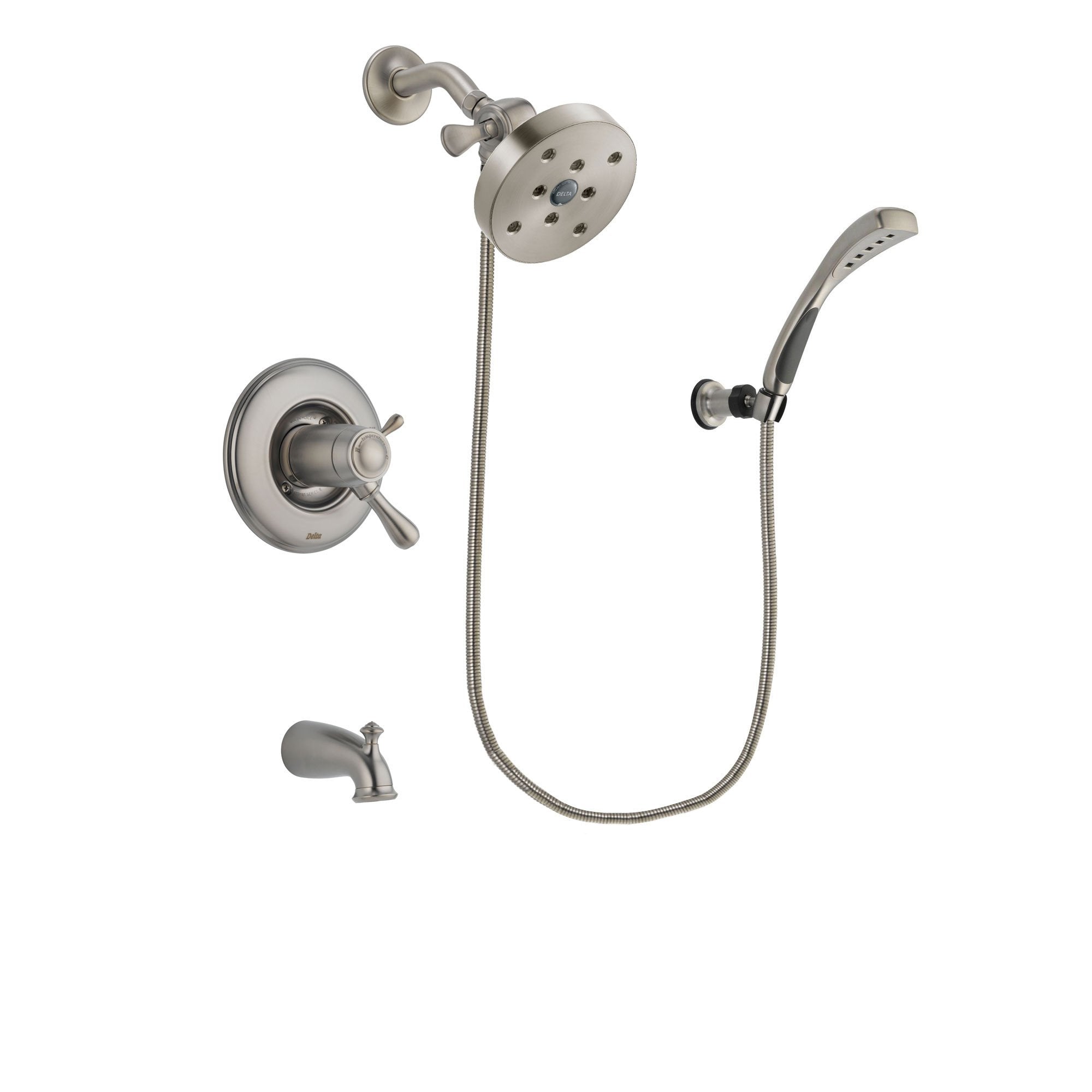 Delta Leland Stainless Steel Finish Thermostatic Tub and Shower Faucet System Package with 5-1/2 inch Shower Head and Wall Mounted Handshower Includes Rough-in Valve and Tub Spout DSP1891V