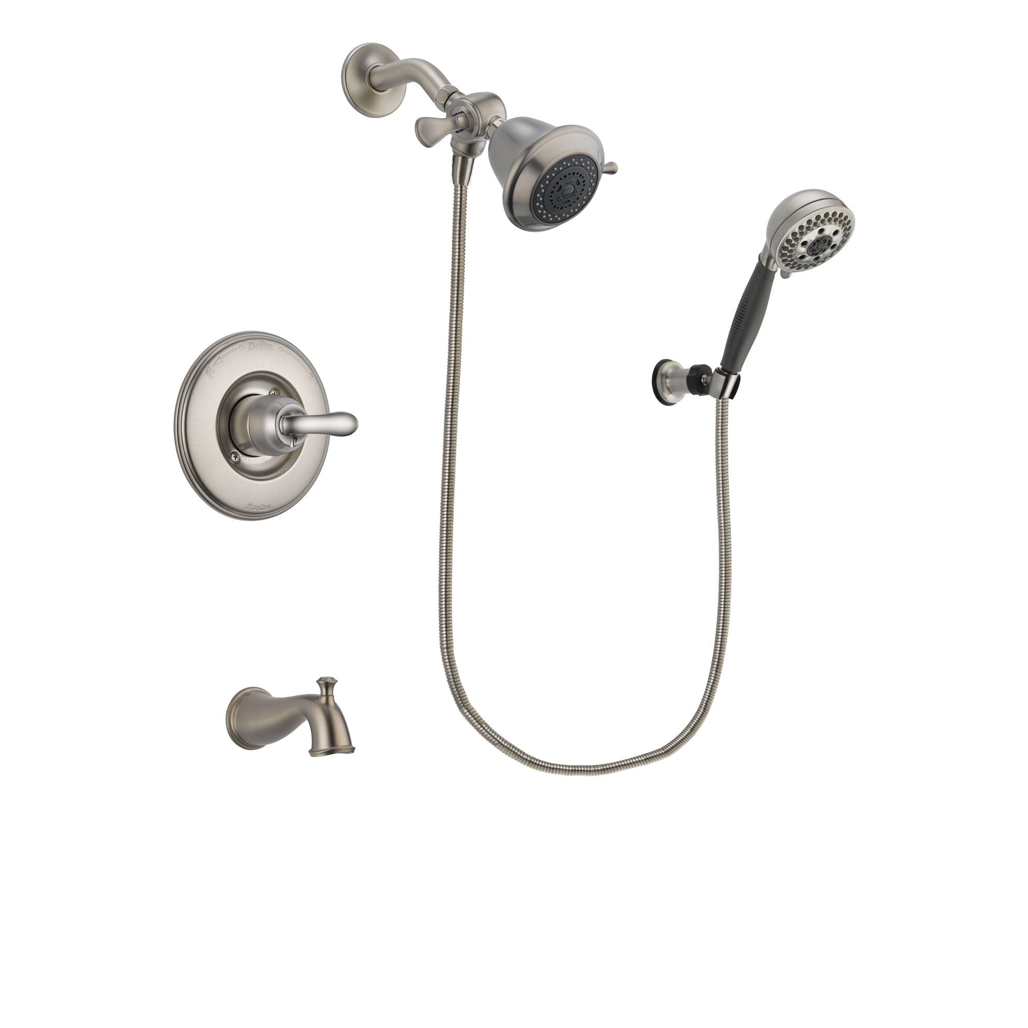 Delta Linden Stainless Steel Finish Tub and Shower Faucet System Package with Shower Head and 5-Setting Wall Mount Personal Handheld Shower Includes Rough-in Valve and Tub Spout DSP1939V