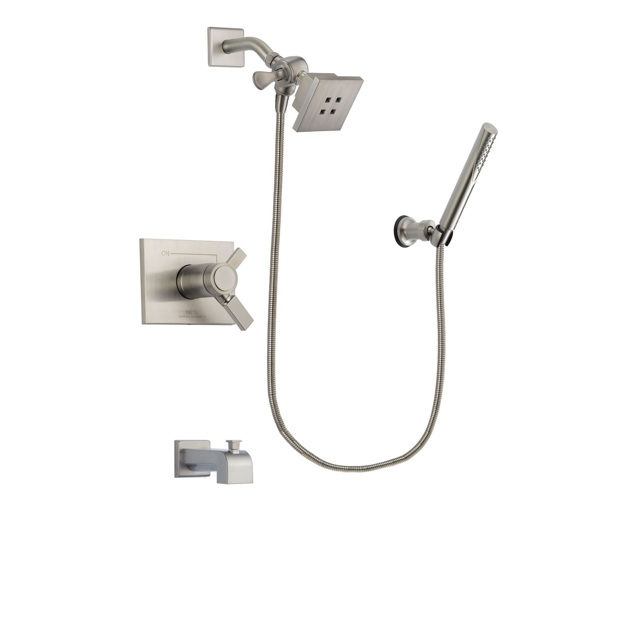 Delta Vero Stainless Steel Finish Thermostatic Tub and Shower Faucet System Package with Square Showerhead and Modern Handheld Shower Spray Includes Rough-in Valve and Tub Spout DSP2113V