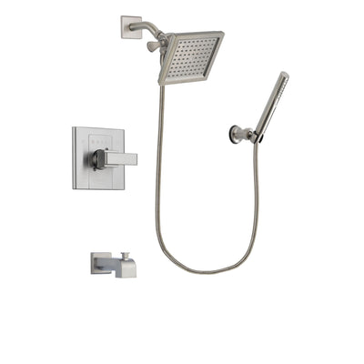 Delta Arzo Stainless Steel Finish Tub and Shower Faucet System Package with 6.5-inch Square Rain Showerhead and Modern Handheld Shower Spray Includes Rough-in Valve and Tub Spout DSP2139V