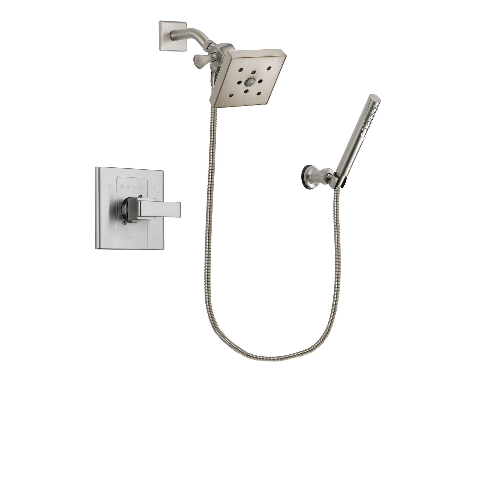 Delta Arzo Stainless Steel Finish Shower Faucet System Package with Square Shower Head and Modern Handheld Shower Spray Includes Rough-in Valve DSP2158V