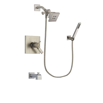 Delta Arzo Stainless Steel Finish Thermostatic Tub and Shower Faucet System Package with Square Showerhead and Wall-Mount Handheld Shower Stick Includes Rough-in Valve and Tub Spout DSP2169V