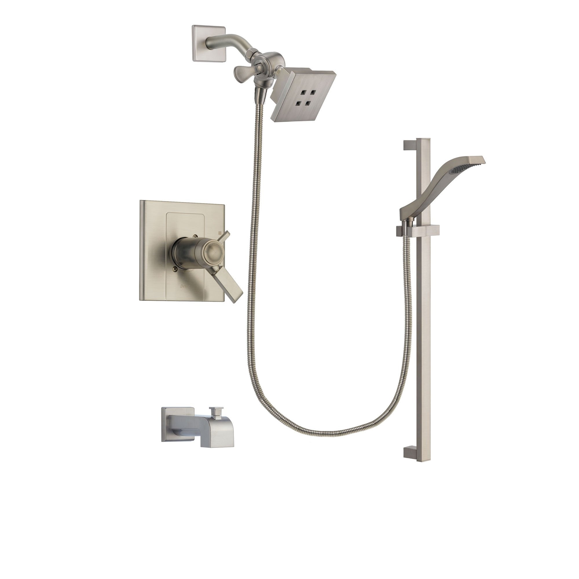 Delta Arzo Stainless Steel Finish Thermostatic Tub and Shower Faucet System Package with Square Showerhead and Handheld Shower with Slide Bar Includes Rough-in Valve and Tub Spout DSP2223V