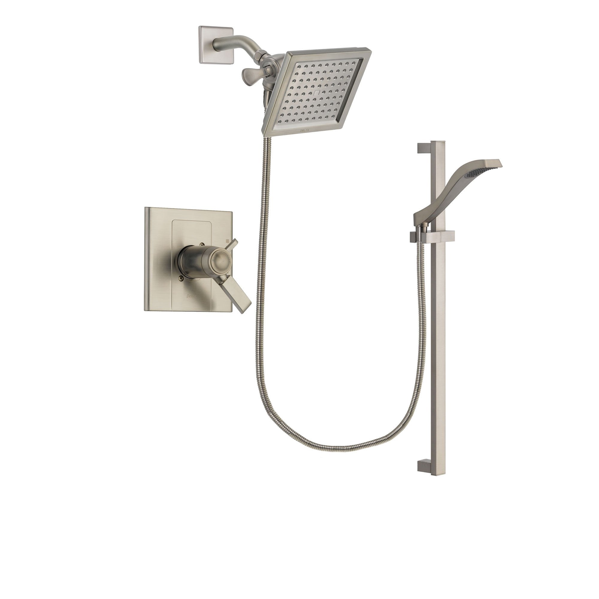 Delta Arzo Stainless Steel Finish Thermostatic Shower Faucet System Package with 6.5-inch Square Rain Showerhead and Handheld Shower with Slide Bar Includes Rough-in Valve DSP2242V