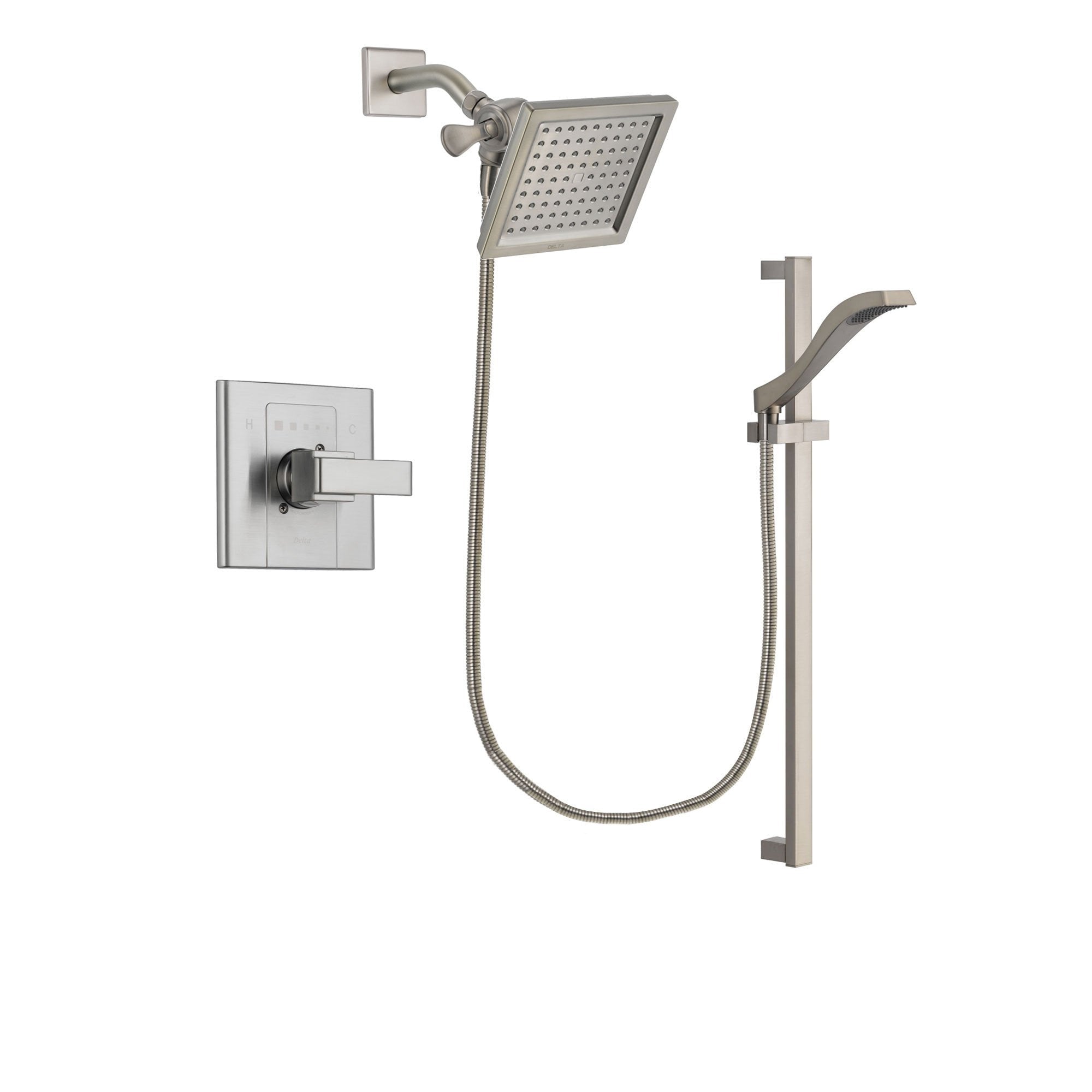 Delta Arzo Stainless Steel Finish Shower Faucet System Package with 6.5-inch Square Rain Showerhead and Handheld Shower with Slide Bar Includes Rough-in Valve DSP2248V