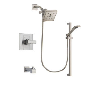 Delta Arzo Stainless Steel Finish Tub and Shower Faucet System Package with Square Shower Head and Handheld Shower with Slide Bar Includes Rough-in Valve and Tub Spout DSP2265V