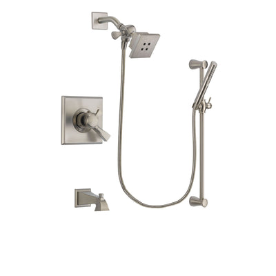 Delta Dryden Stainless Steel Finish Dual Control Tub and Shower Faucet System Package with Square Showerhead and Handheld Shower Spray with Slide Bar Includes Rough-in Valve and Tub Spout DSP2285V