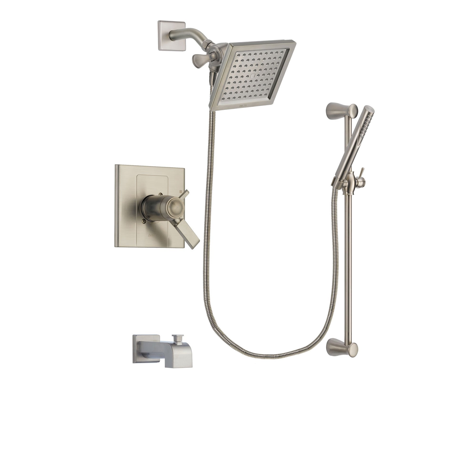 Delta Arzo Stainless Steel Finish Thermostatic Tub and Shower Faucet System Package with 6.5-inch Square Rain Showerhead and Handheld Shower Spray with Slide Bar Includes Rough-in Valve and Tub Spout DSP2295V