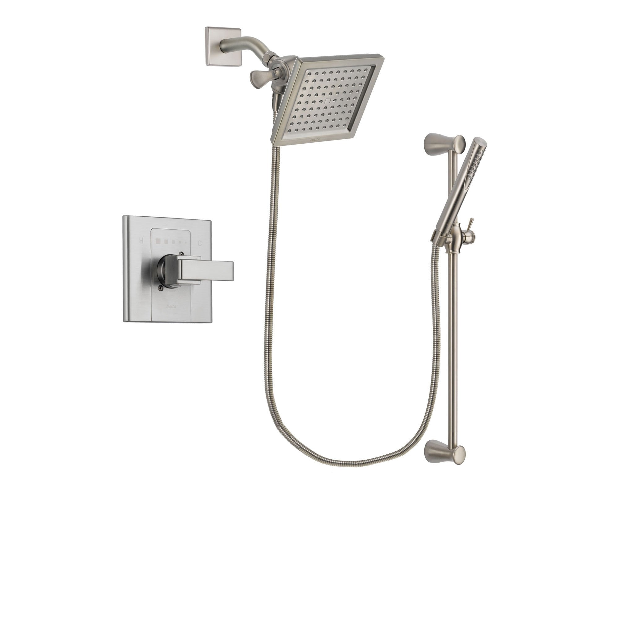 Delta Arzo Stainless Steel Finish Shower Faucet System Package with 6.5-inch Square Rain Showerhead and Handheld Shower Spray with Slide Bar Includes Rough-in Valve DSP2302V