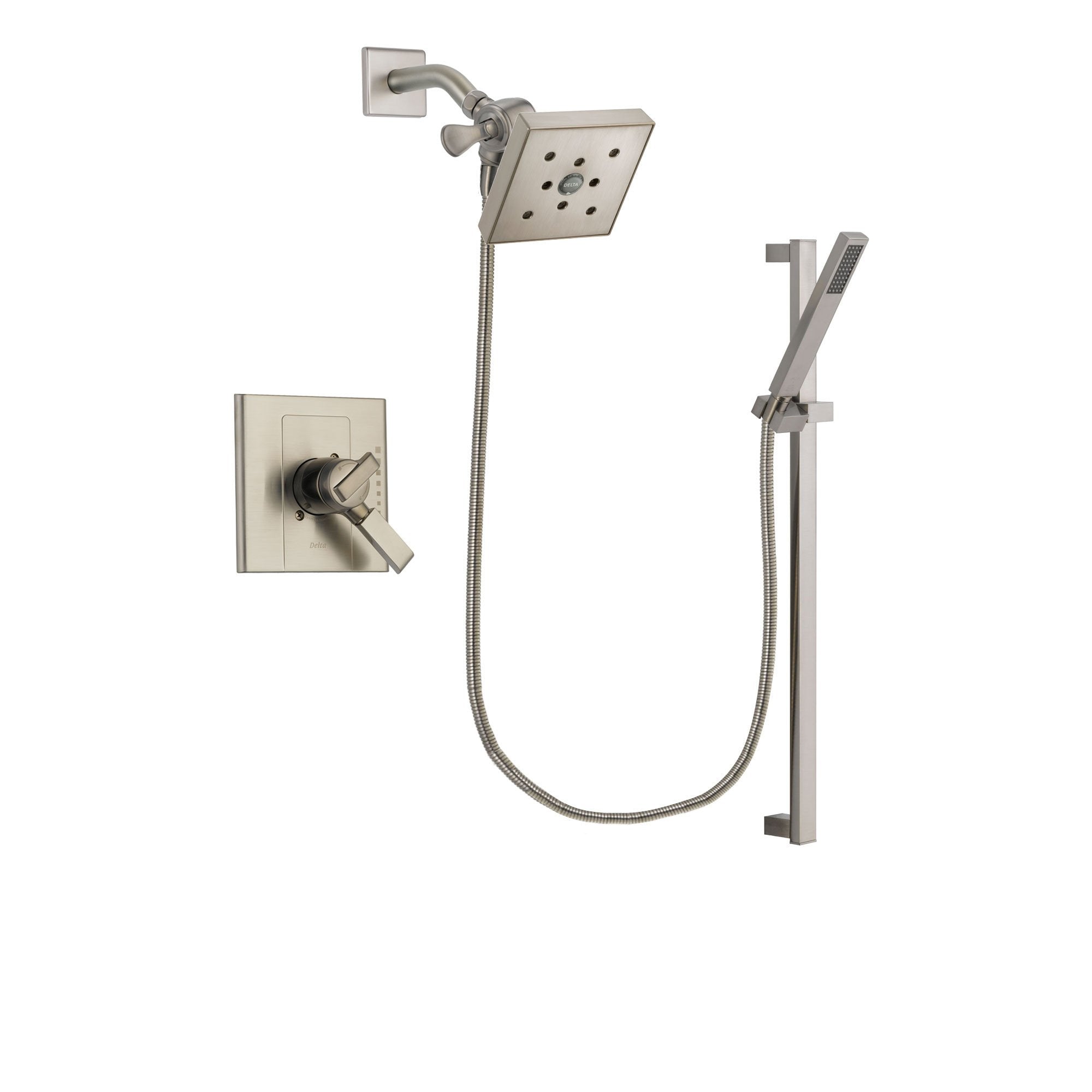 Delta Arzo Stainless Steel Finish Dual Control Shower Faucet System Package with Square Shower Head and Modern Personal Hand Shower with Slide Bar Includes Rough-in Valve DSP2380V