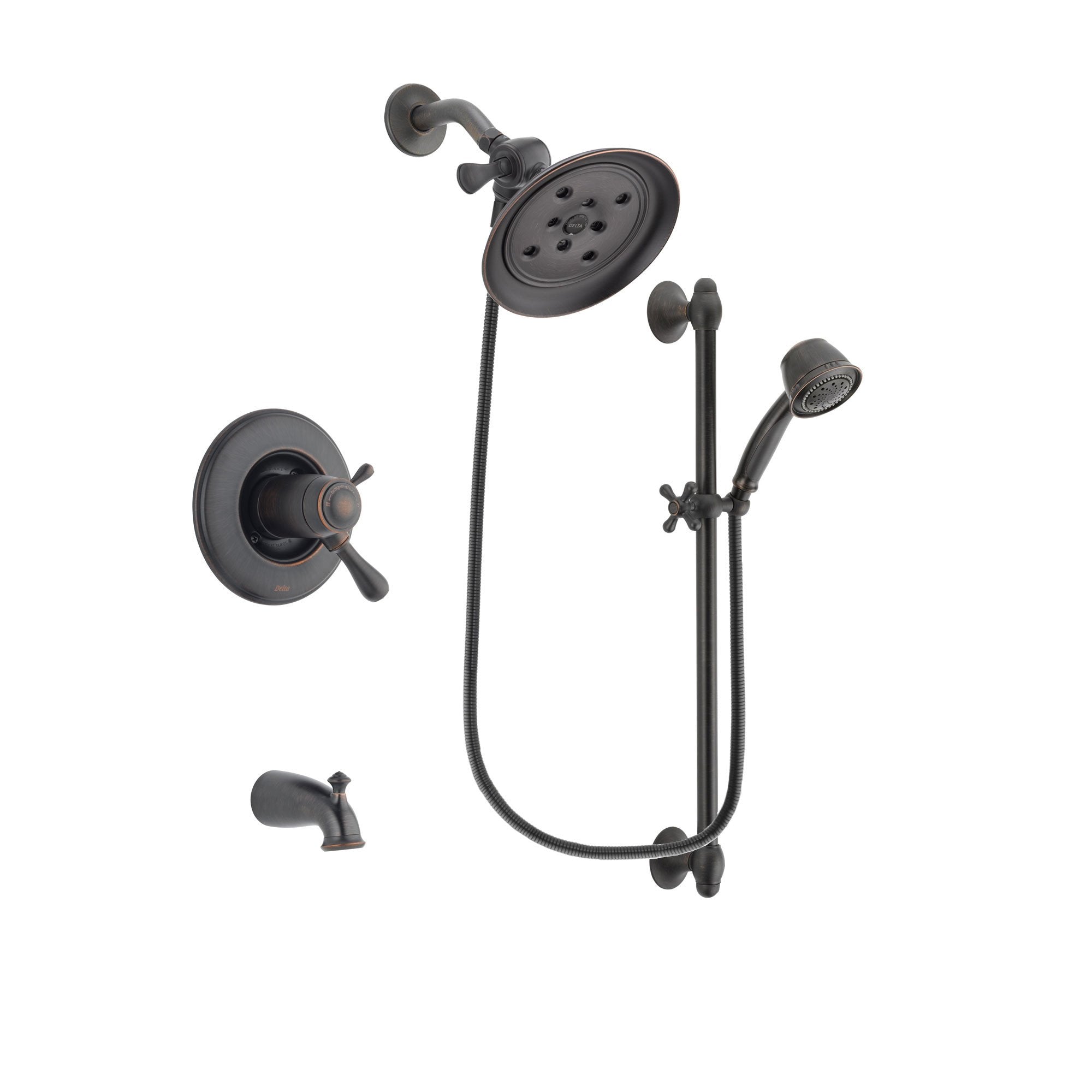 Delta Leland Venetian Bronze Finish Thermostatic Tub and Shower Faucet System Package with Large Rain Shower Head and 5-Spray Personal Handshower with Slide Bar Includes Rough-in Valve and Tub Spout DSP2565V