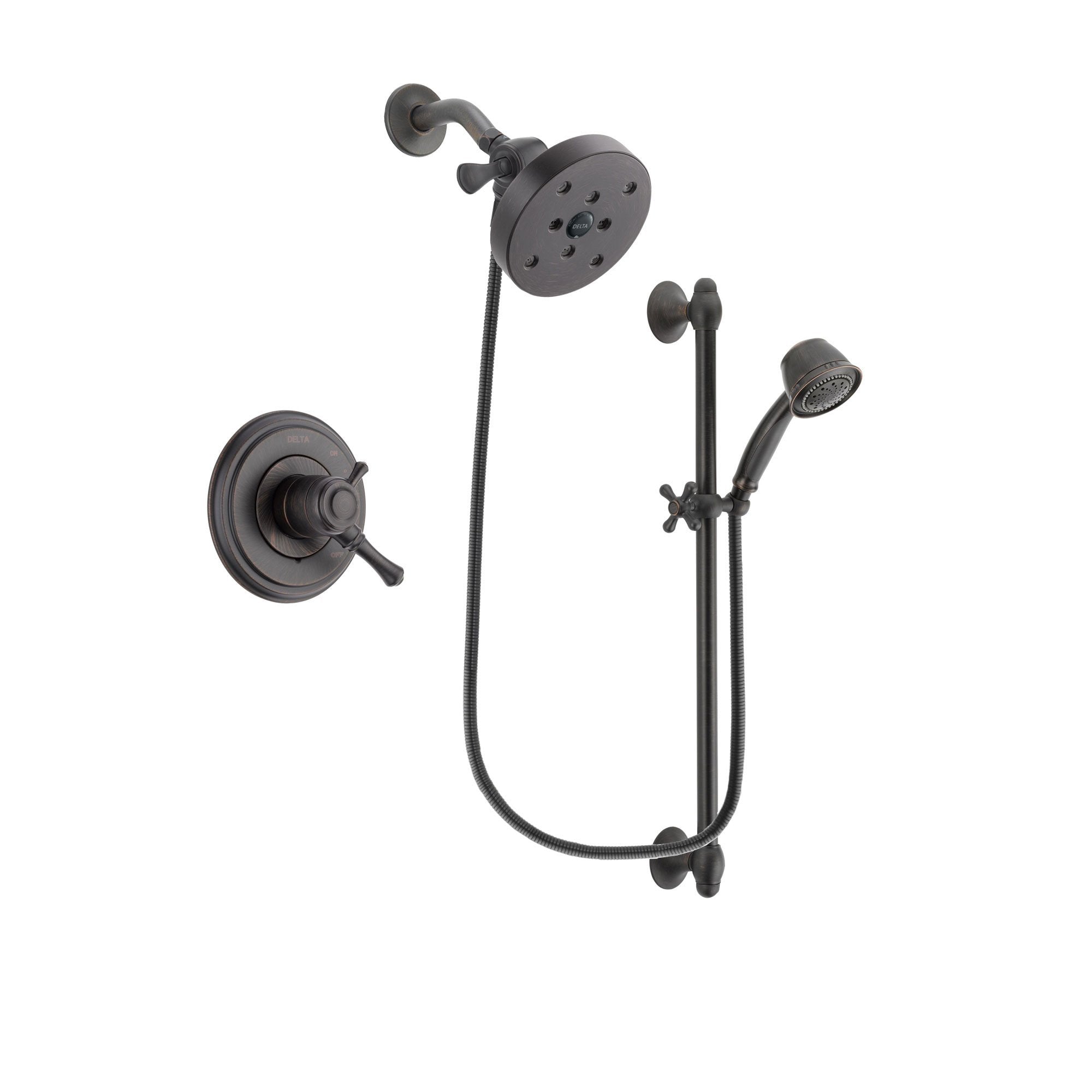 Delta Cassidy Venetian Bronze Finish Dual Control Shower Faucet System Package with 5-1/2 inch Showerhead and 5-Spray Personal Handshower with Slide Bar Includes Rough-in Valve DSP2620V